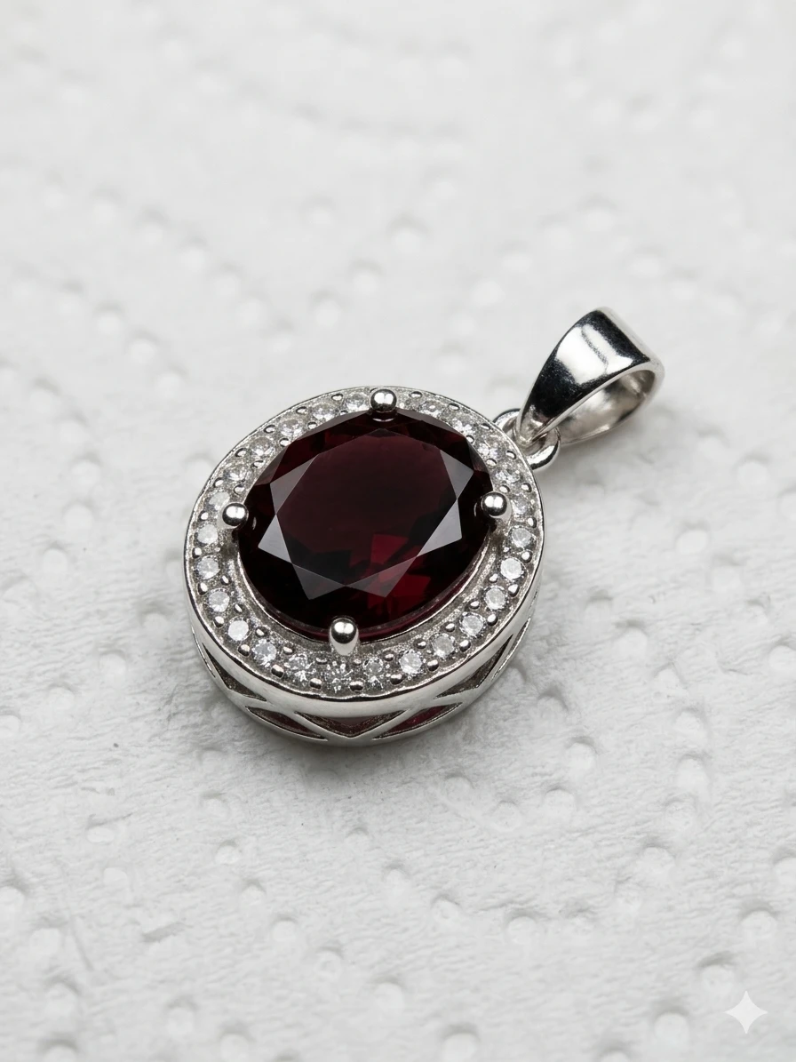 Luxury 18K White Gold Natural Garnet Halo Pendant - photo 2