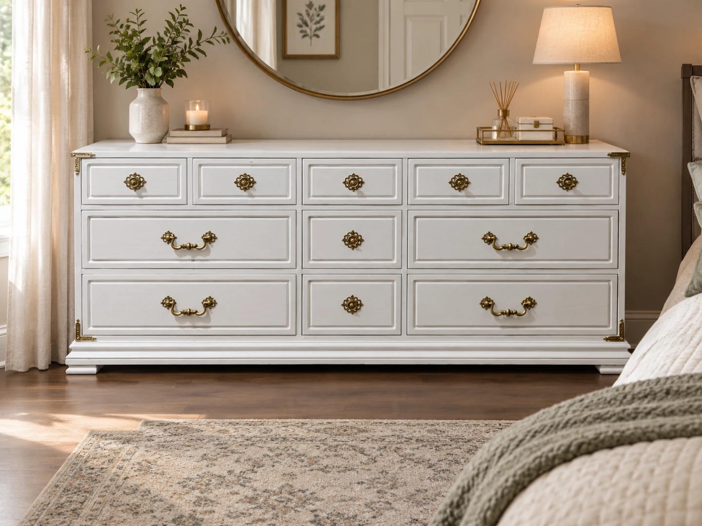 Elegant White Dresser with Nine Drawers