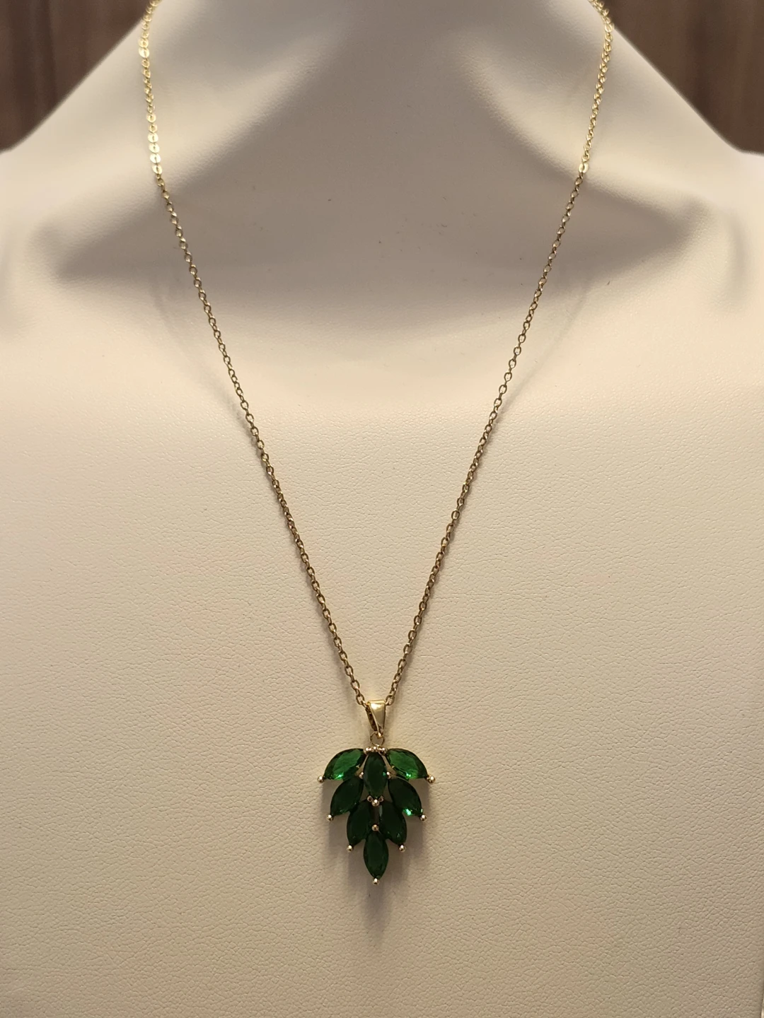 Gold-Tone Leaf Pendant Necklace with Green Stones - photo 4