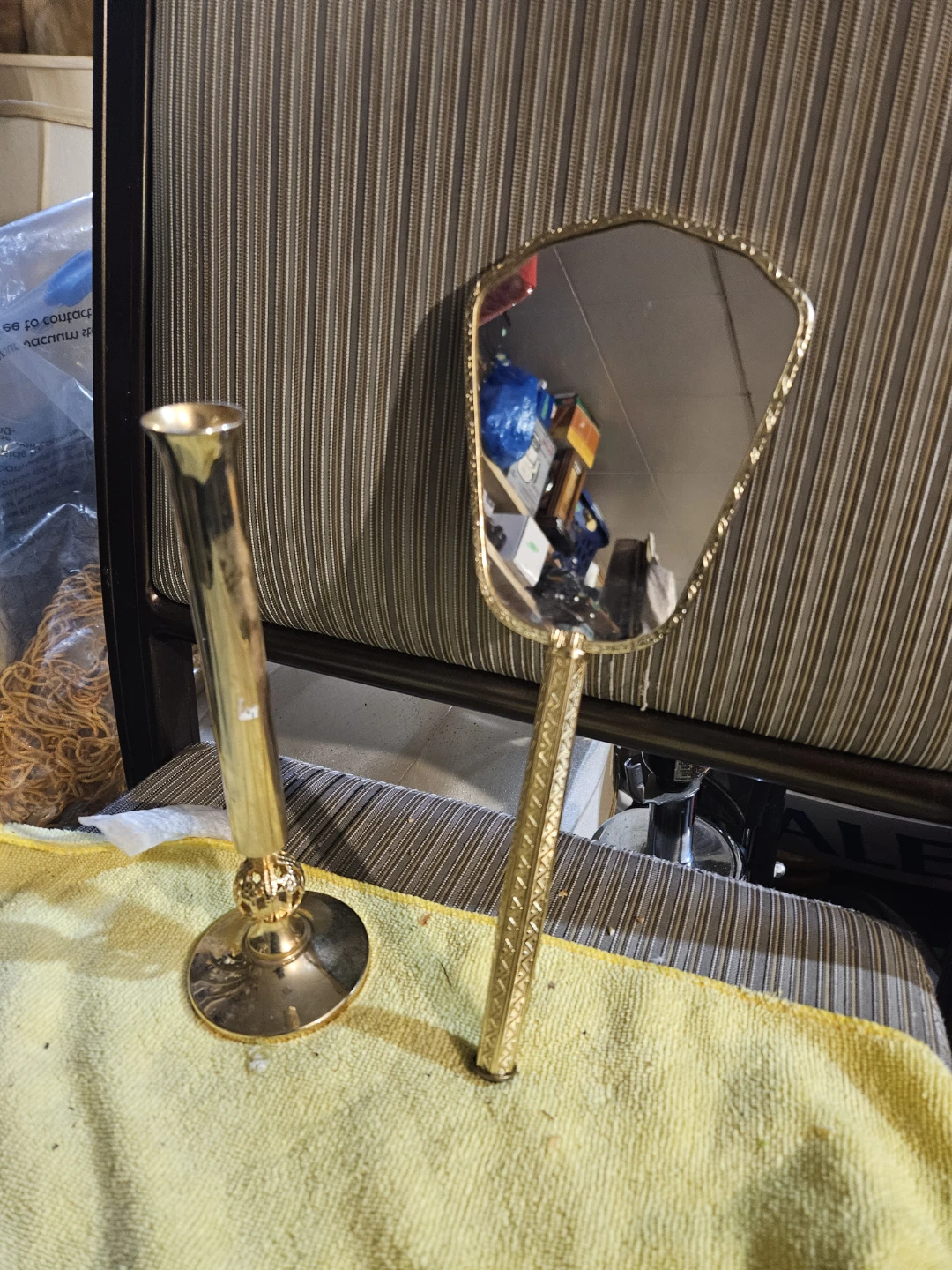 Vintage Brass Hand Mirror and Bud Vase Set - photo 2