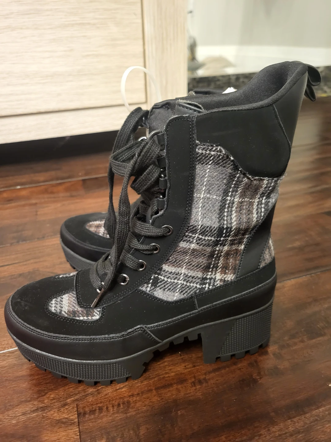 Black Plaid Lace-Up Platform Boots - photo 3