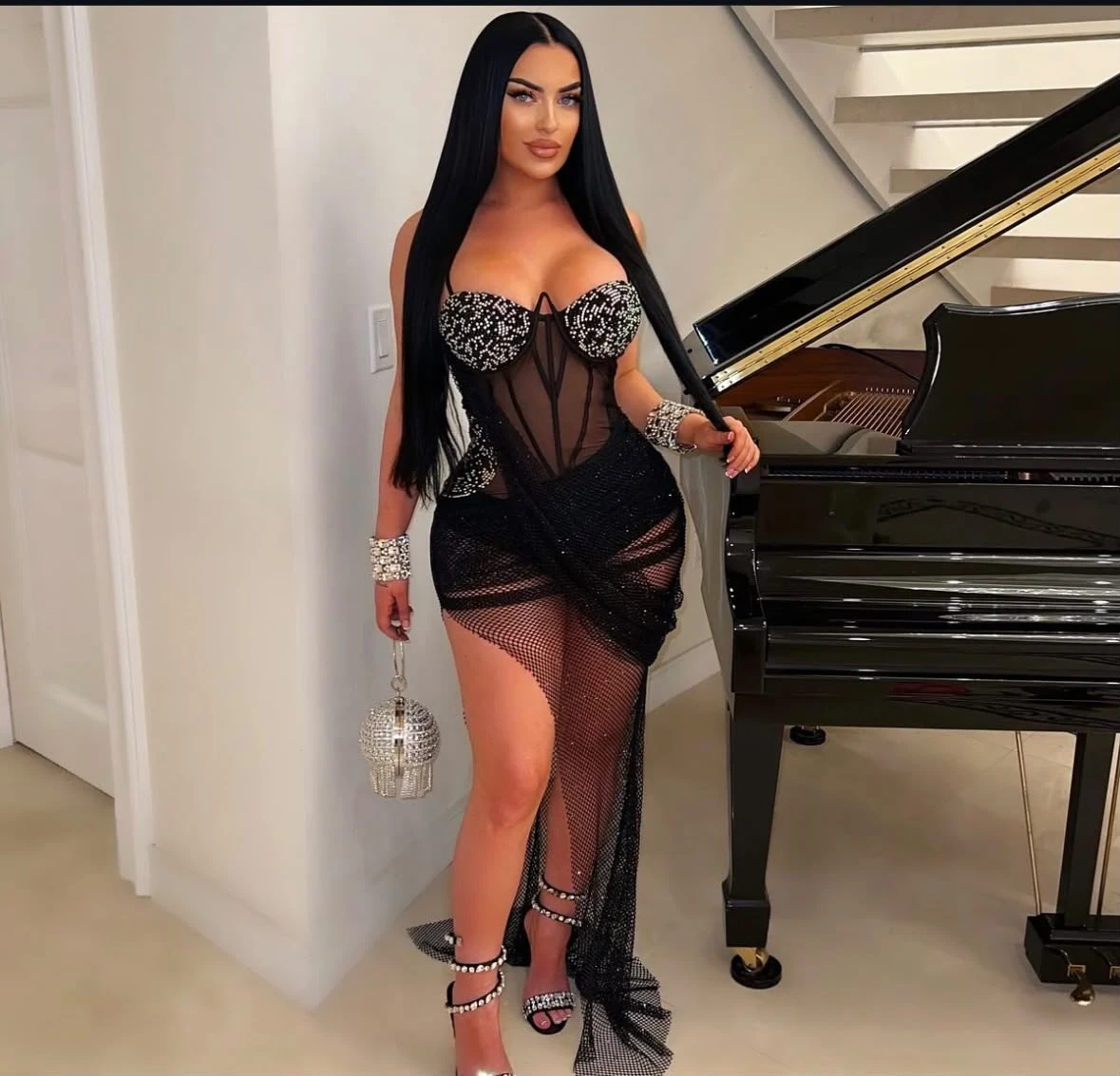 Black Rhinestone Mesh Bustier Dress