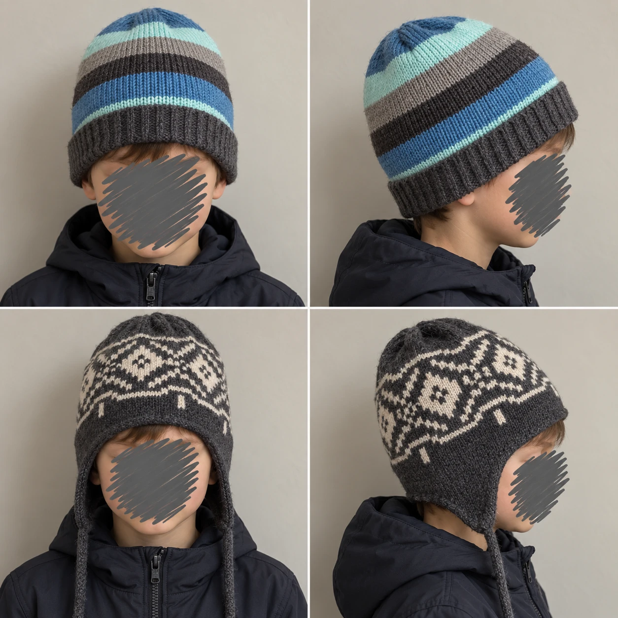 Winter gray toque hat with a fleece lining and blue autumn hat