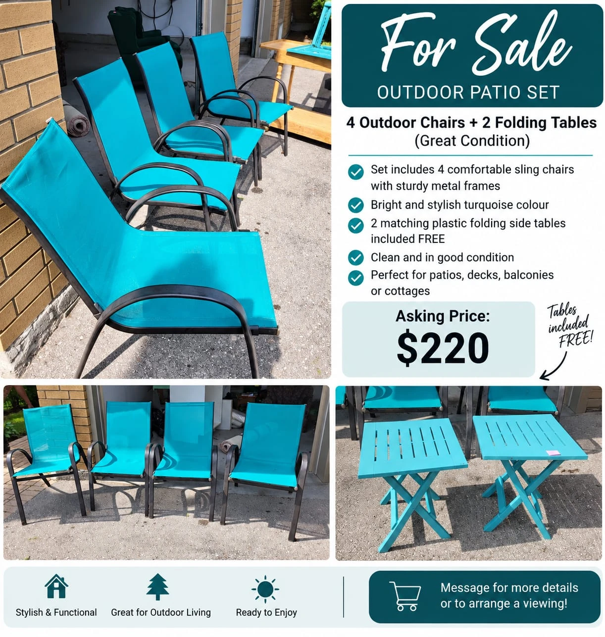 Outdoor Patio Set - 4 Chairs and 2 Tables