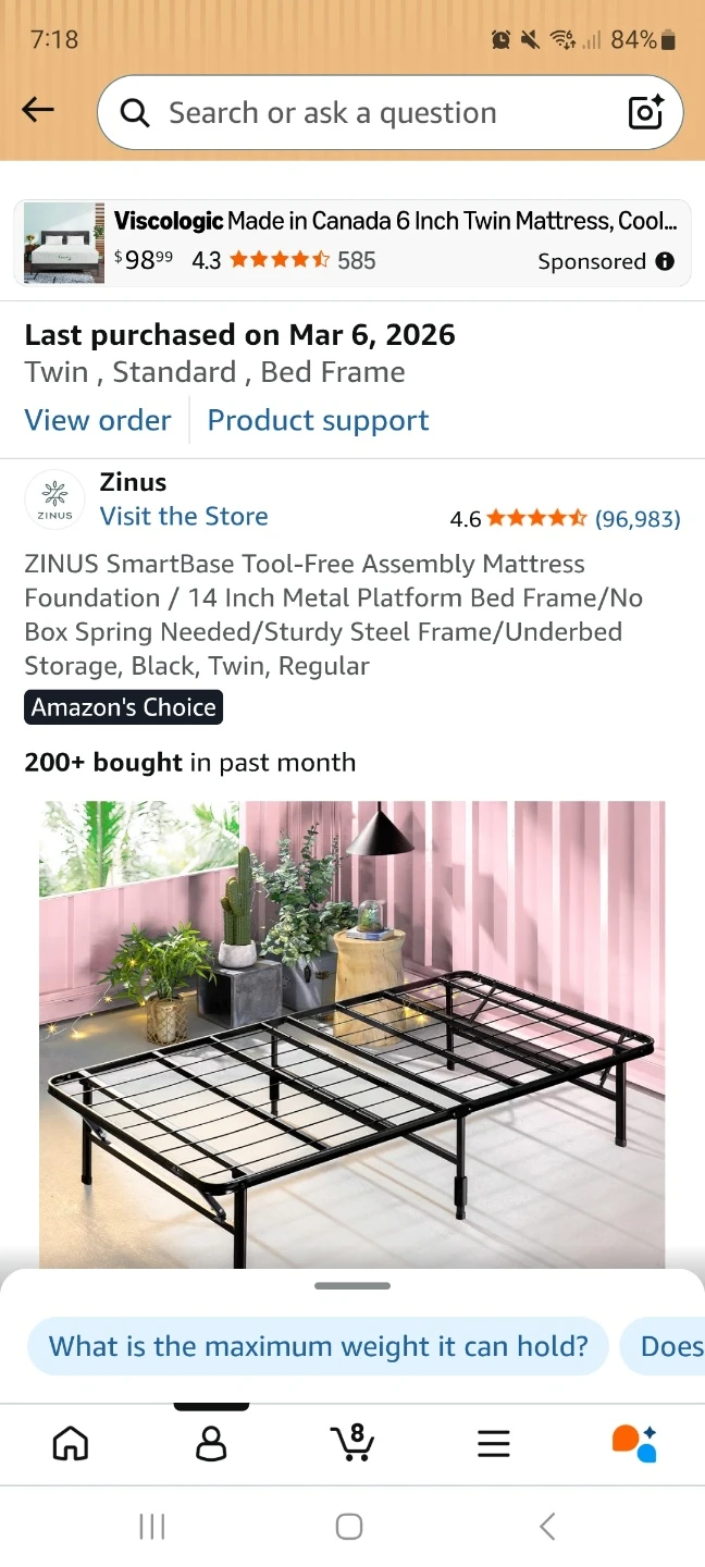 Zinus SmartBase Twin 14-Inch Metal Platform Bed Frame