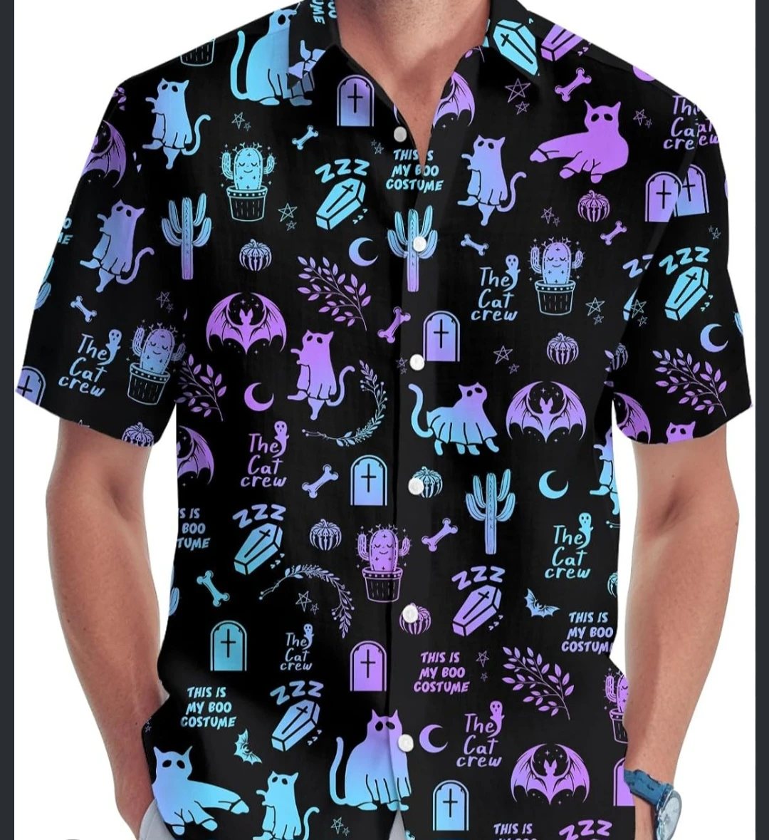 New The Cat Crew Halloween Short Sleeve Button-up Shirt 2XL