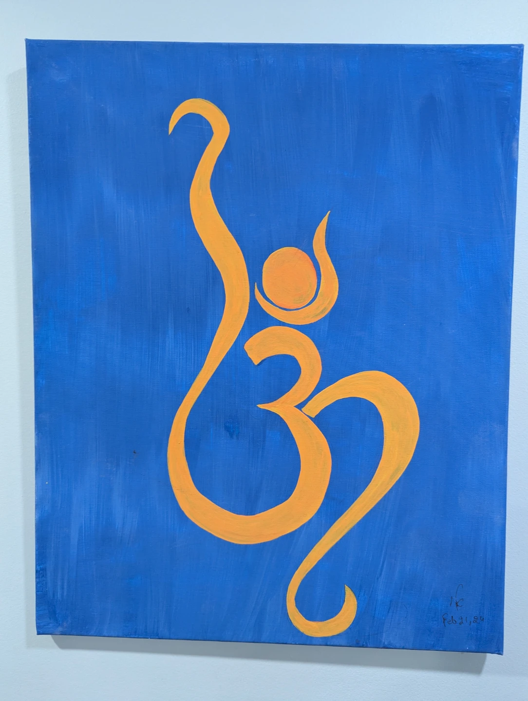 Orange Om Symbol Painting on Blue Canvas
