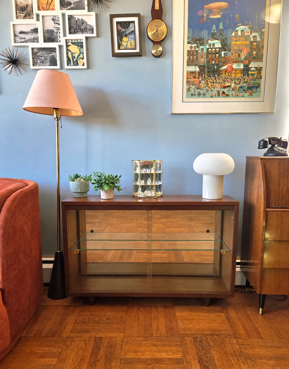 MCM Ultra Slim Walnut Mirrored Display/Curio Cabinet