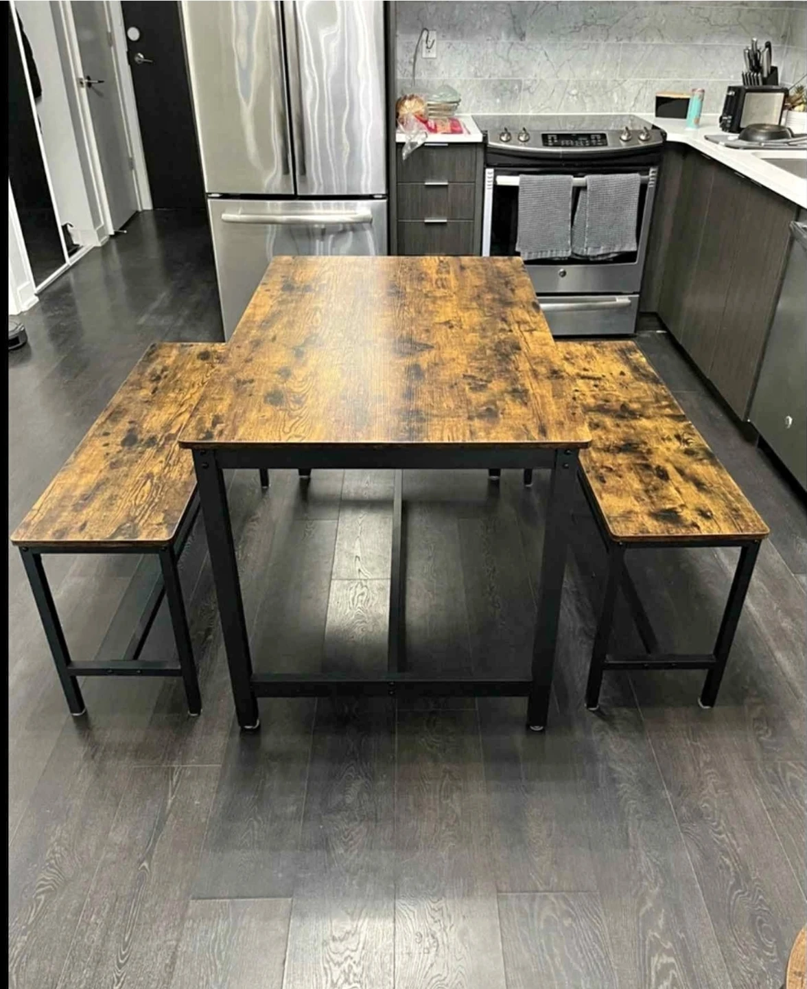Industrial Style Dining Table with Two Benches