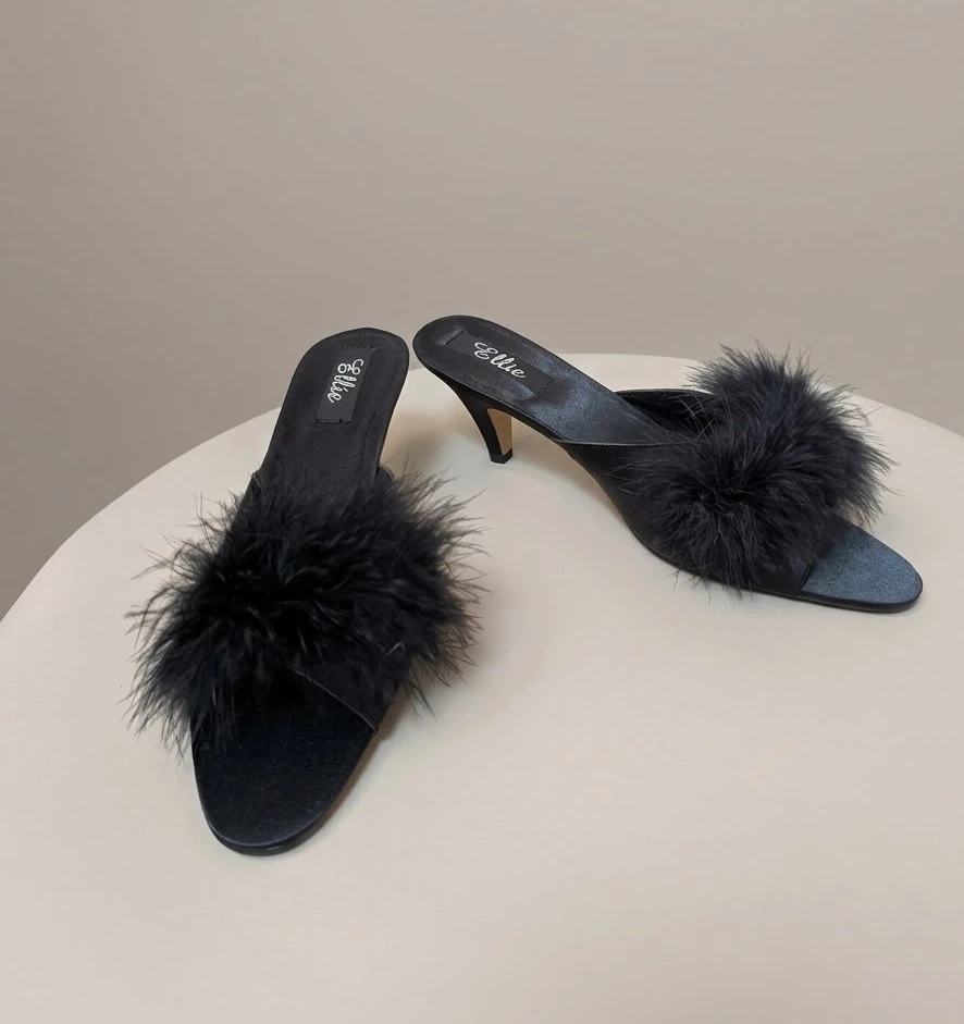 New Ellie Black Feather Kitten Heel Mules size 13