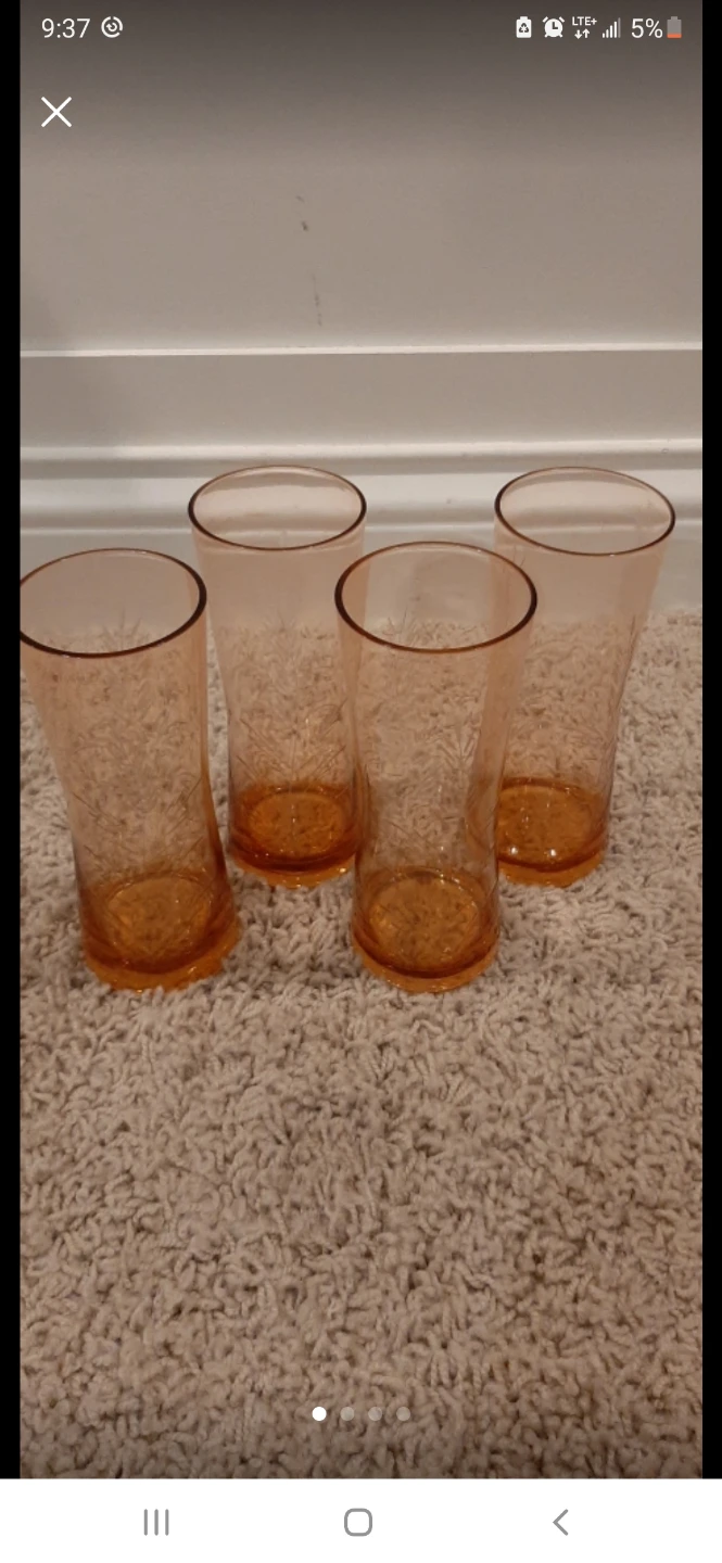 4 Vintage Etched Wheatgrass Amber Glasses