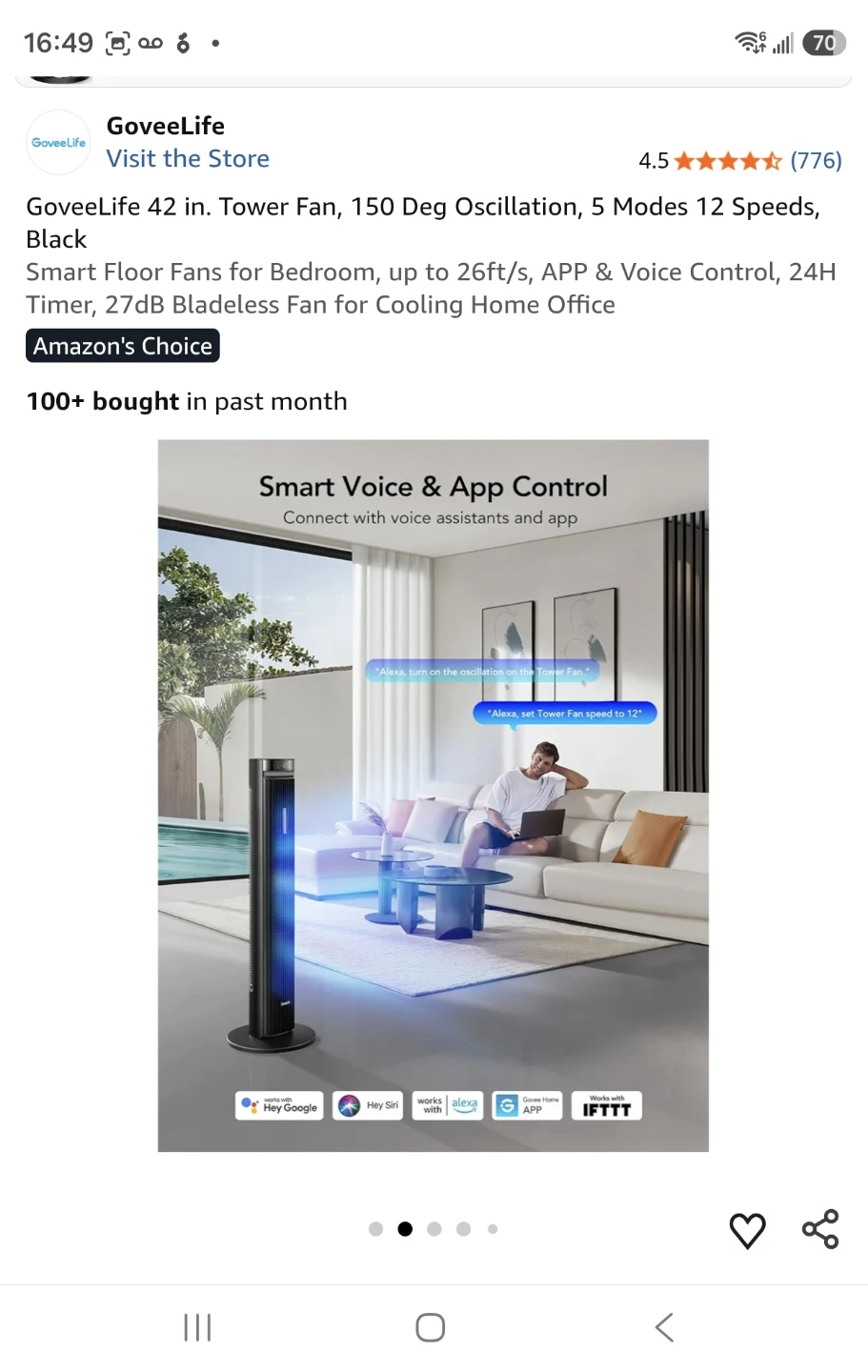 GoveeLife 42” Smart Tower Fan – App + Voice Control + night mode - photo 5