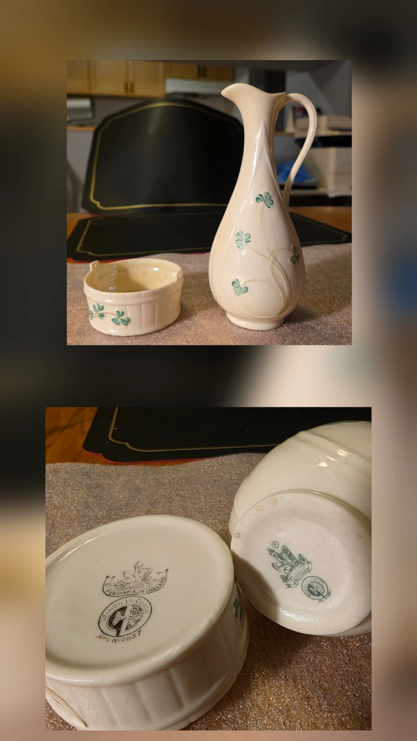 Vintage Belleek Ireland Shamrock Creamer & Sugar Dish Tub Set