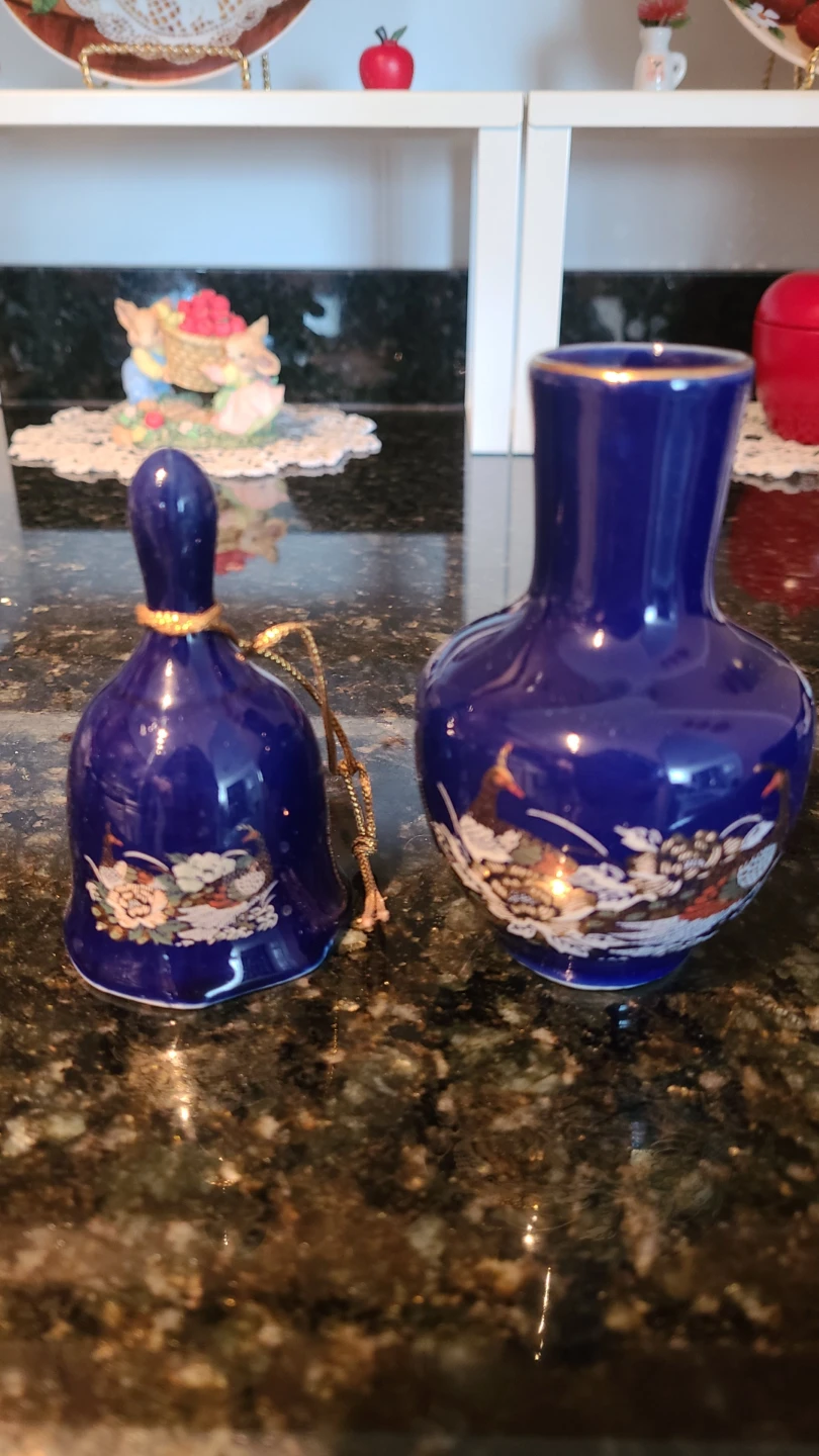 Vintage Porcelain Cobalt Vase and Bell Set - photo 3