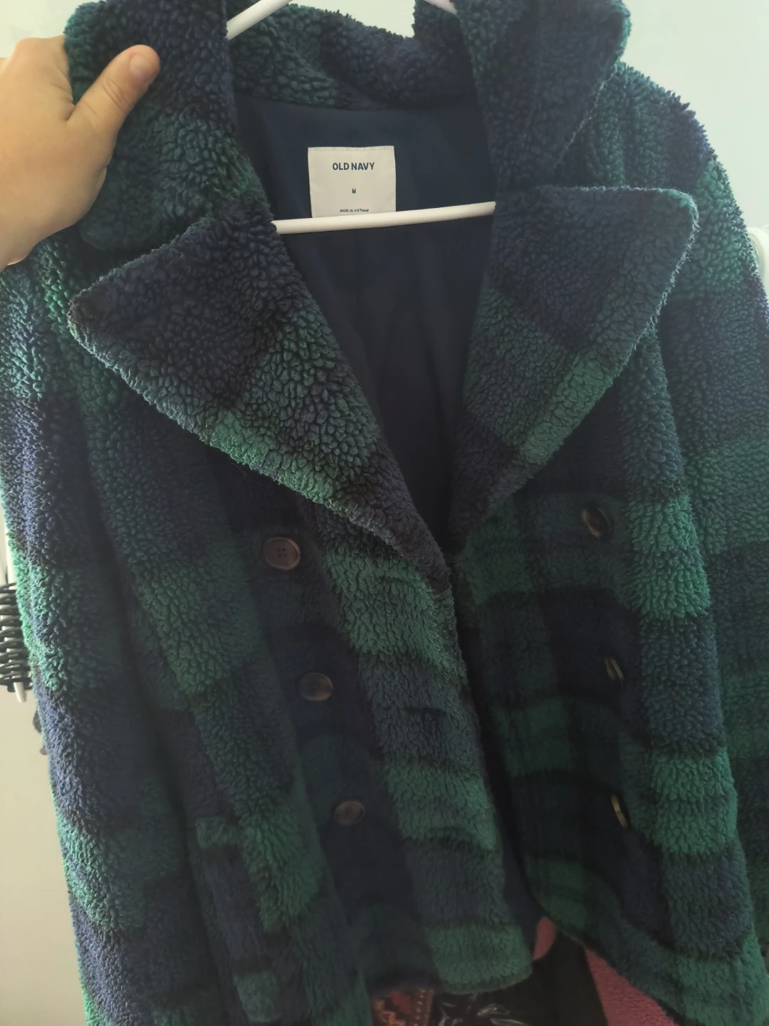 Old Navy Green and Navy Plaid Sherpa Coat