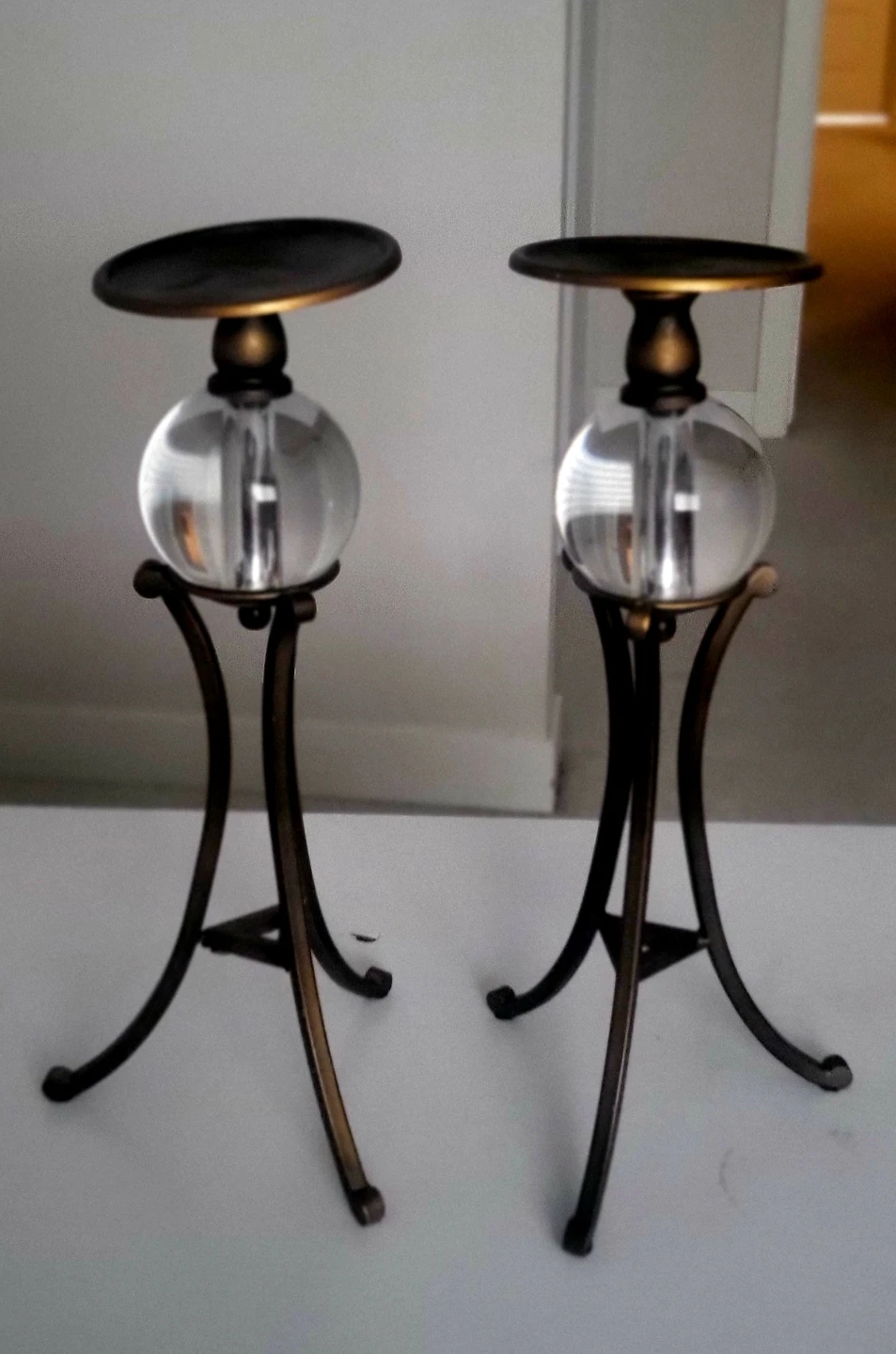 Set of 2 Bronze Metal & Glass Sphere Pillar Candle Holders - 14" - photo 5