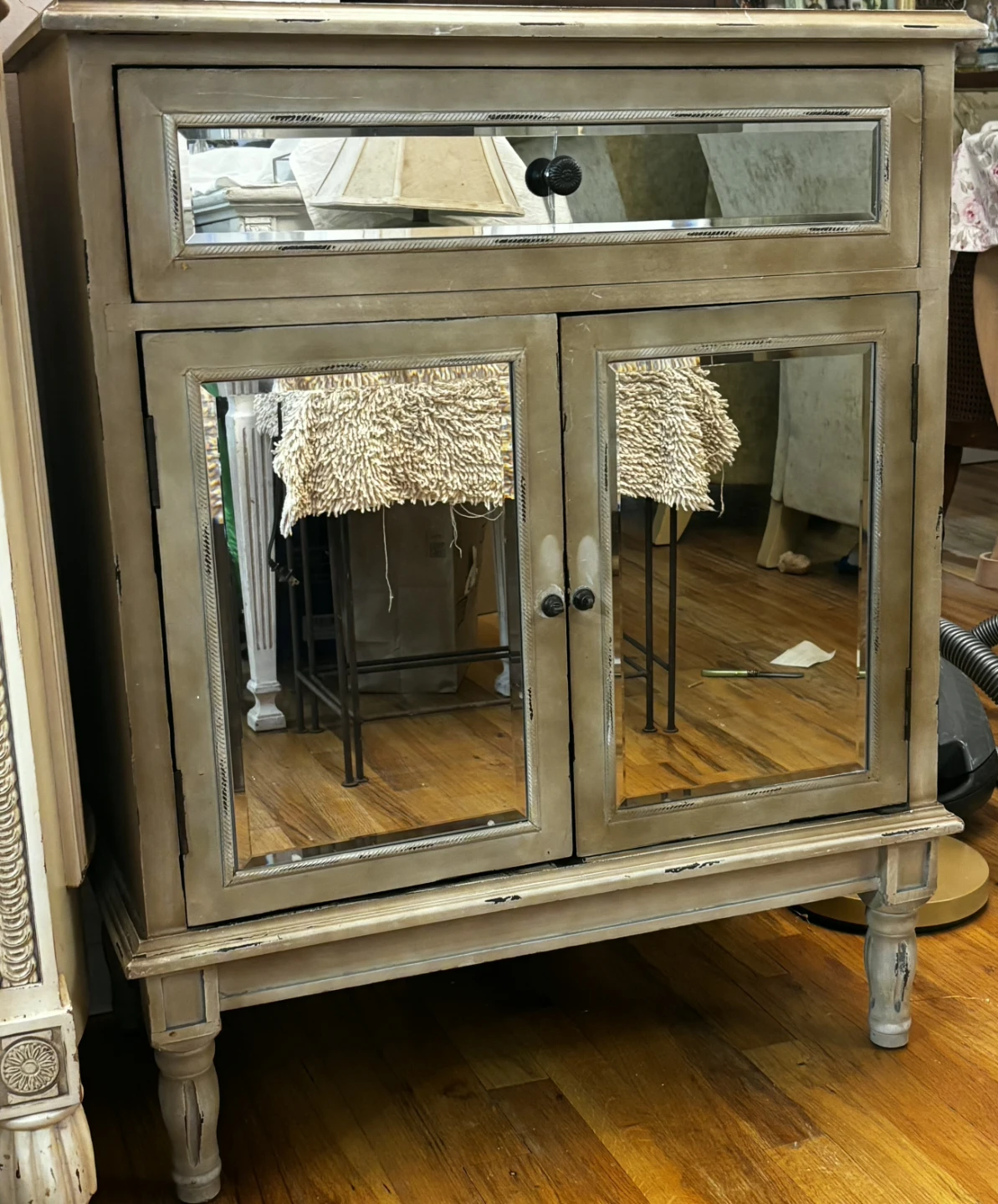 Tan Composute Wood Mirrored Accent End Table with Drawer