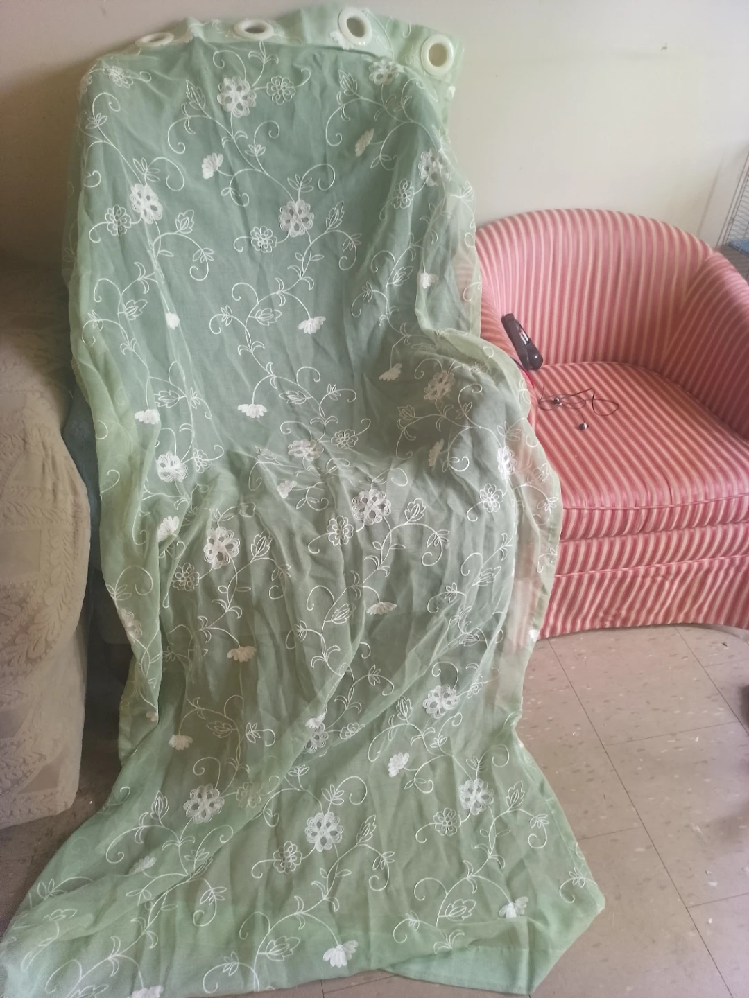 Green Floral Embroidered Sheer Curtain
