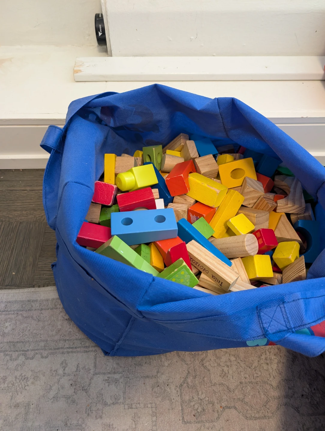 Assorted Wooden Building Blocks in Storage Bag