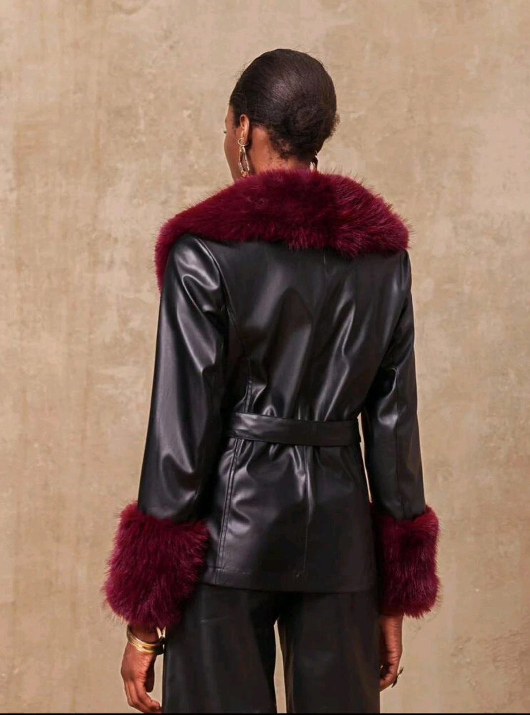 Black Faux Leather Jacket with Burgundy Faux Fur Trim - photo 3