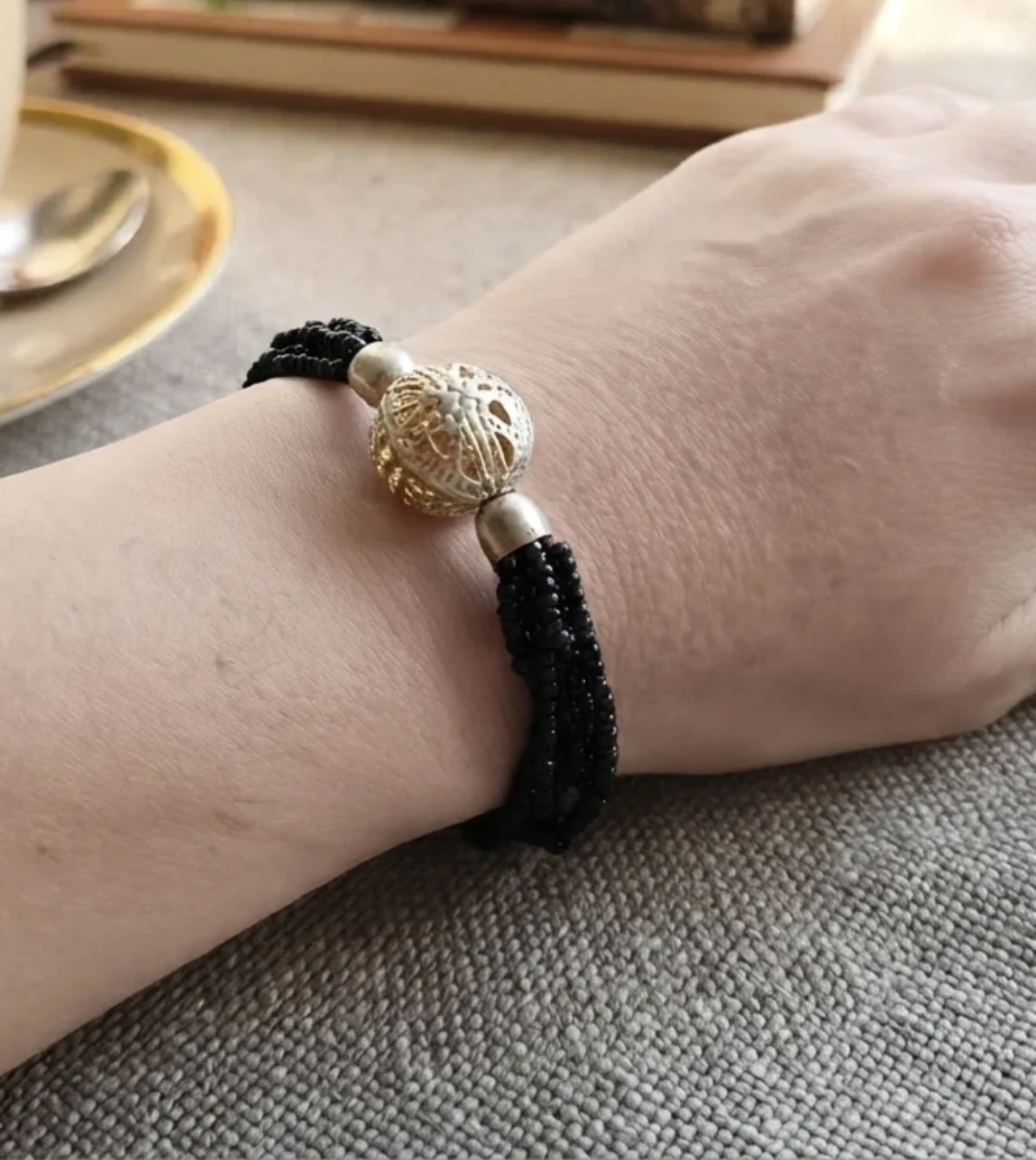 Black Beaded Bracelet with Filigree Orbs