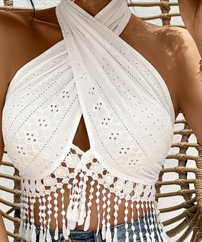 White Eyelet Crochet Halter Top - photo 4