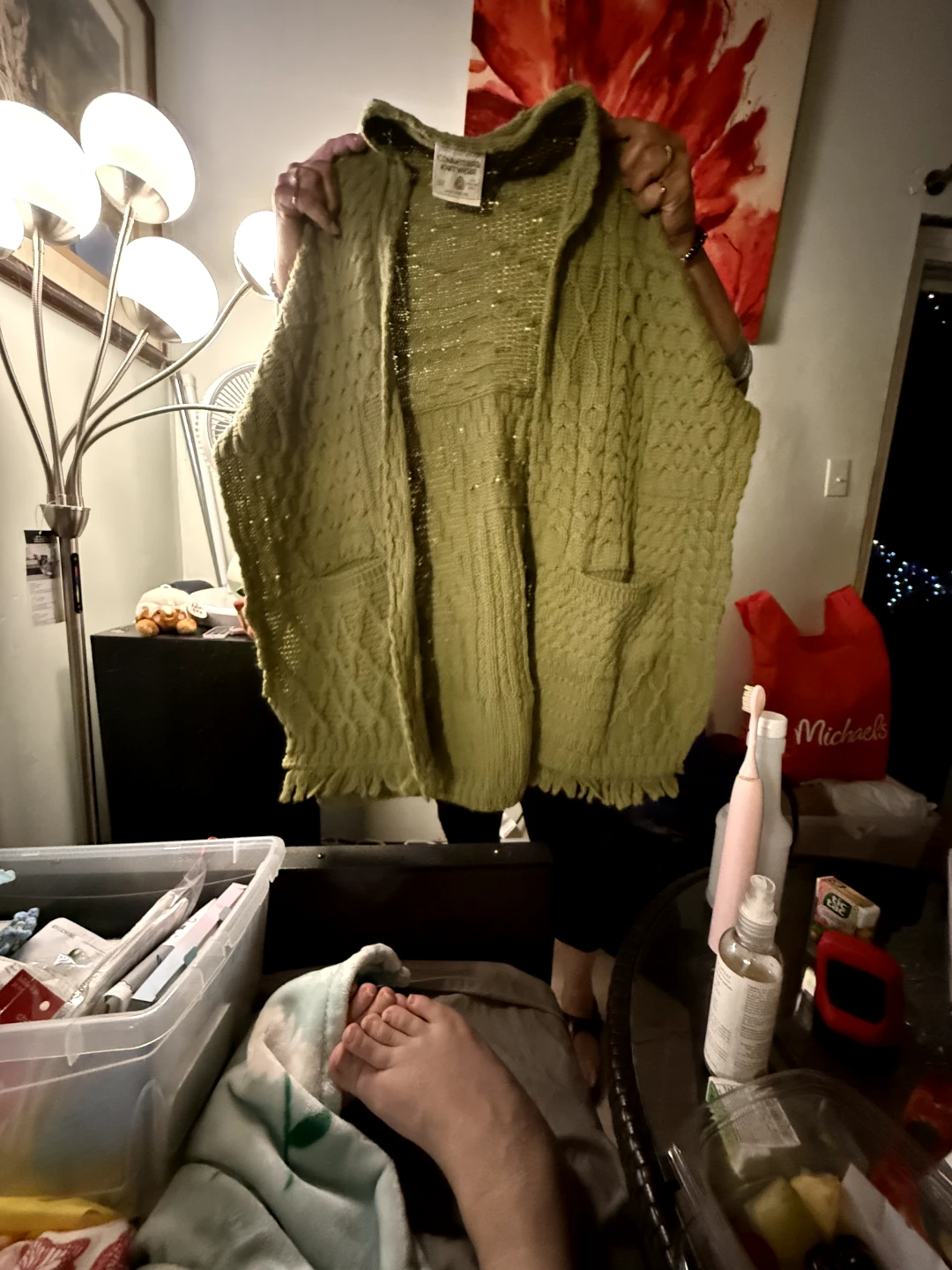 Women's Green Beaded Cable Knit Vest