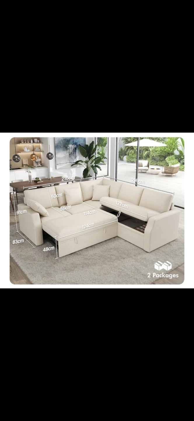 Cream Sectional Sofa Bed with Storage - photo 2