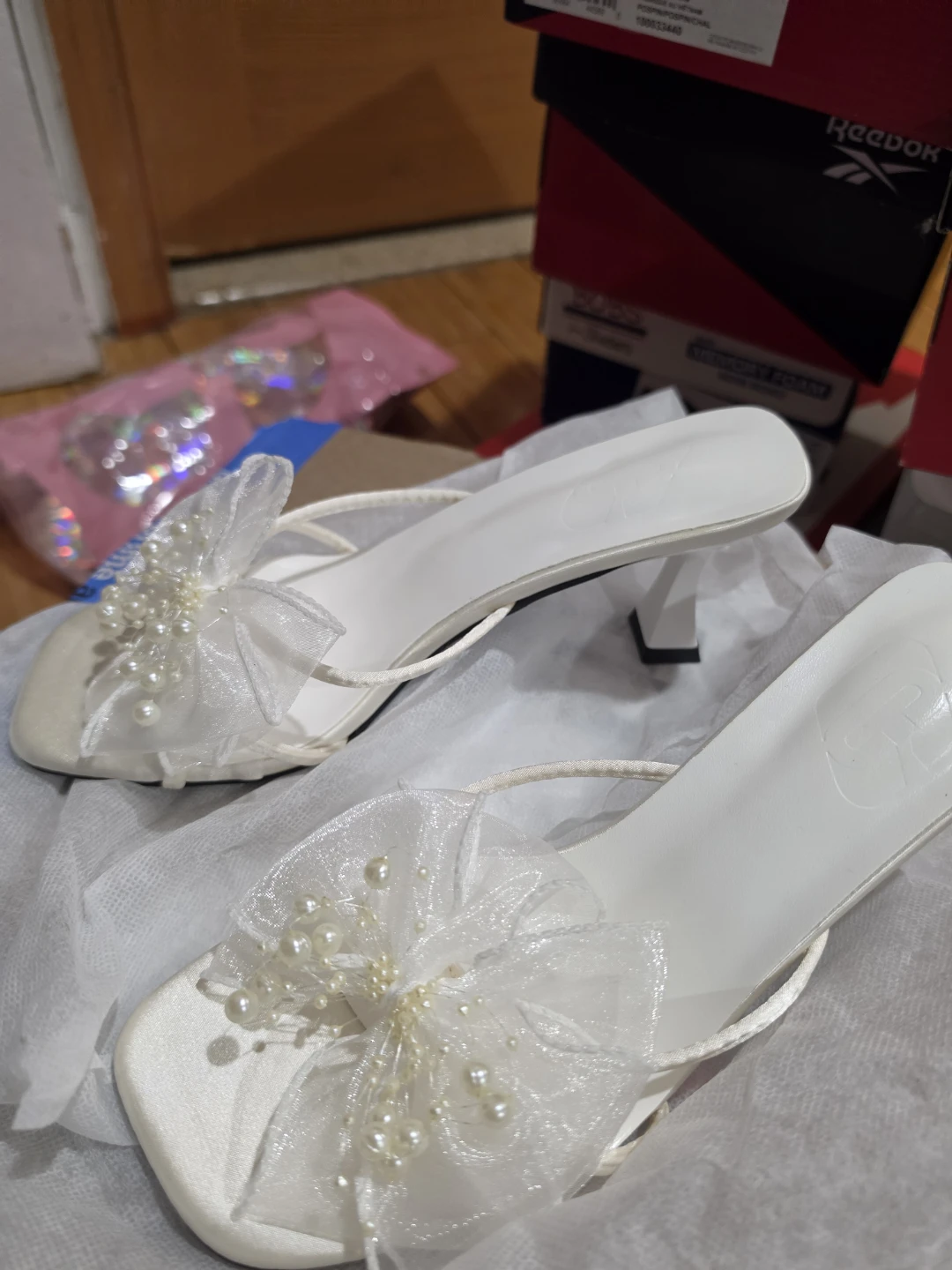 White Satin Pearl Embellished Kitten Heels - photo 2