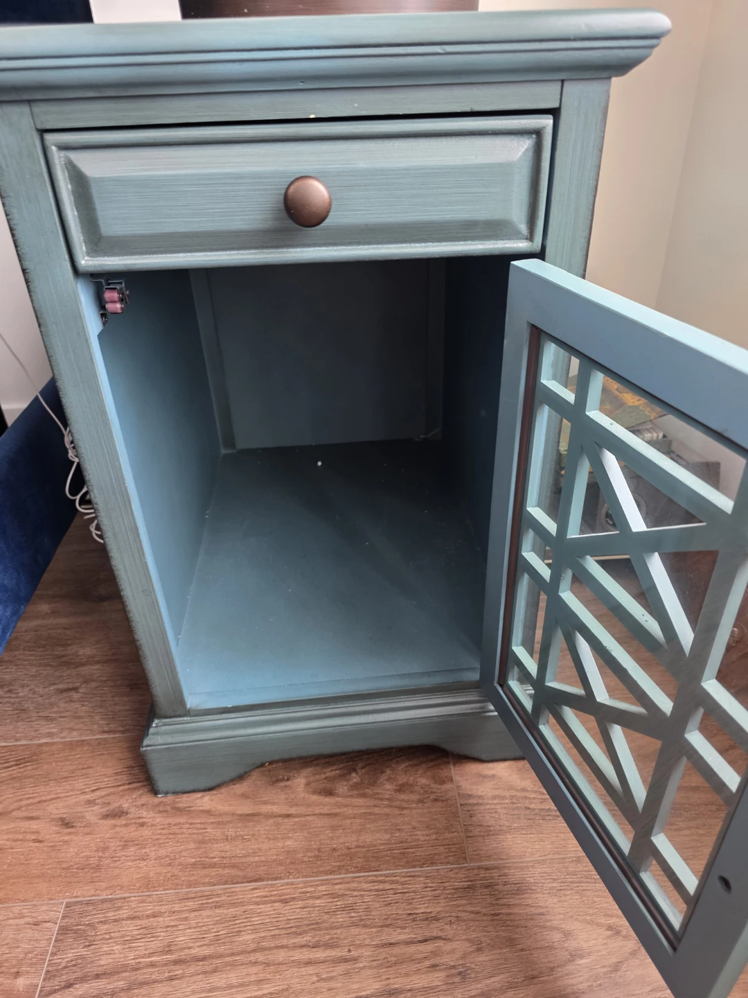 Teal accent nightstand with lattice door - photo 2