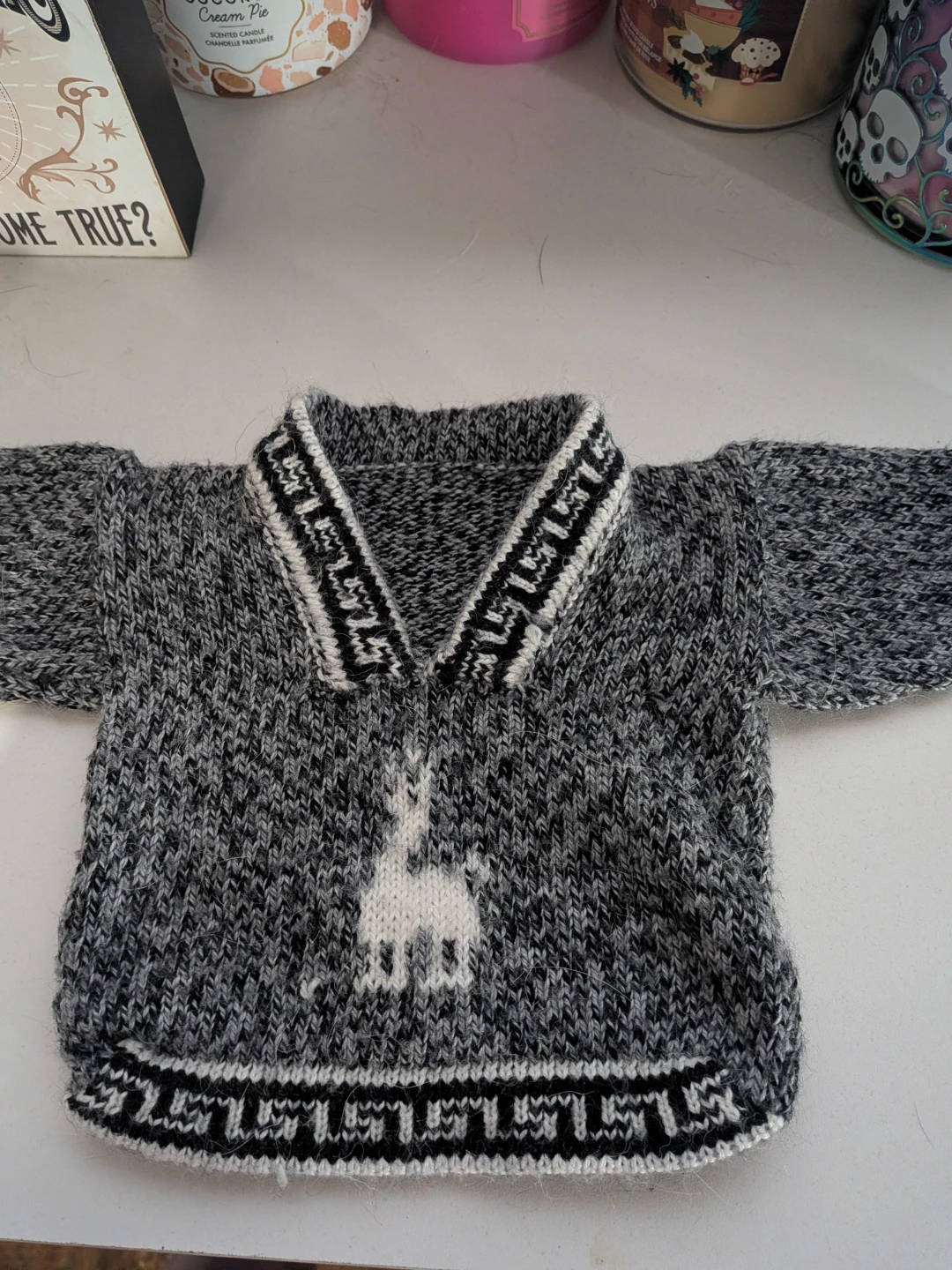 Grey Knit Sweater with Llama Motif - photo 3