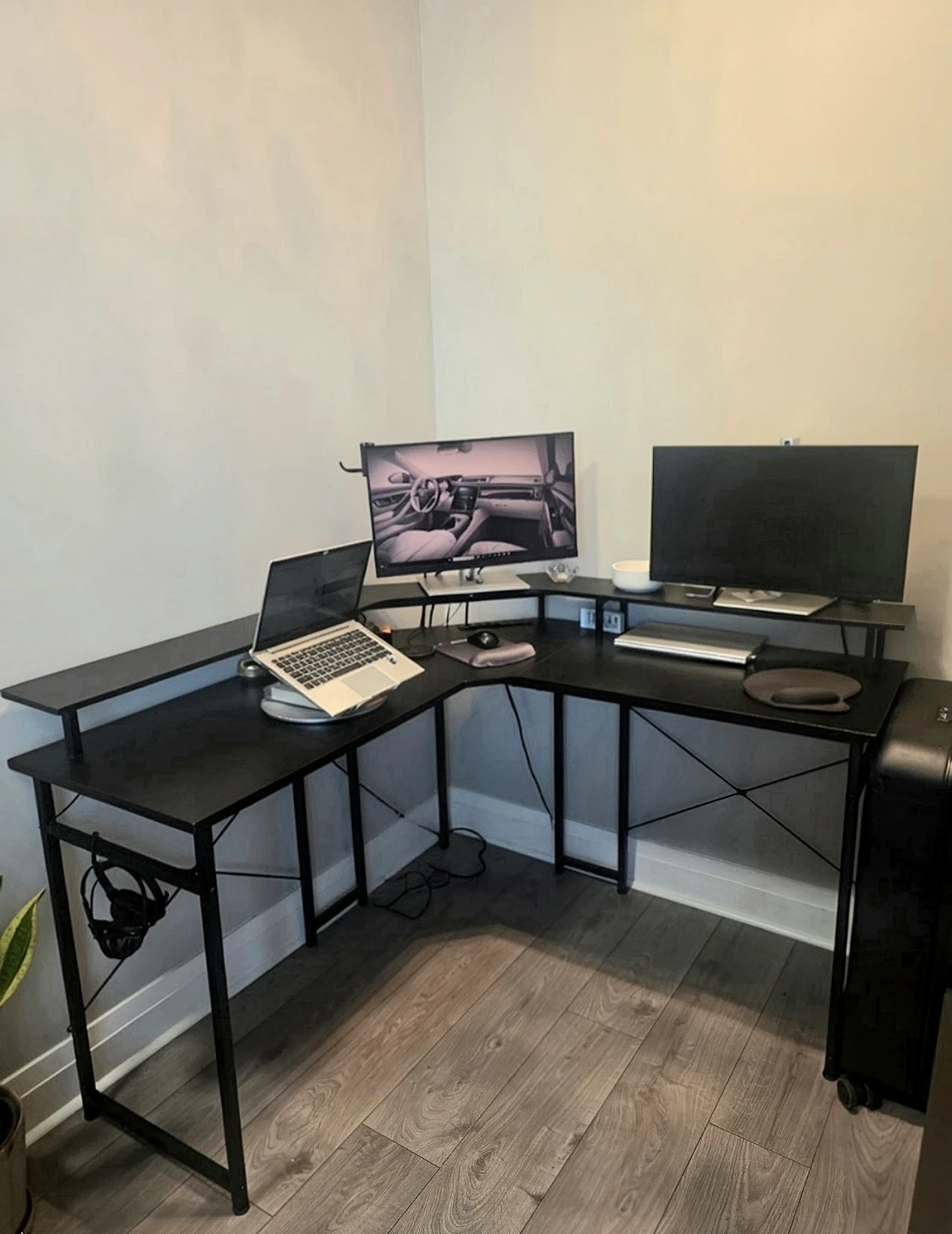 L-Shaped Corner Desk with Monitor Shelf