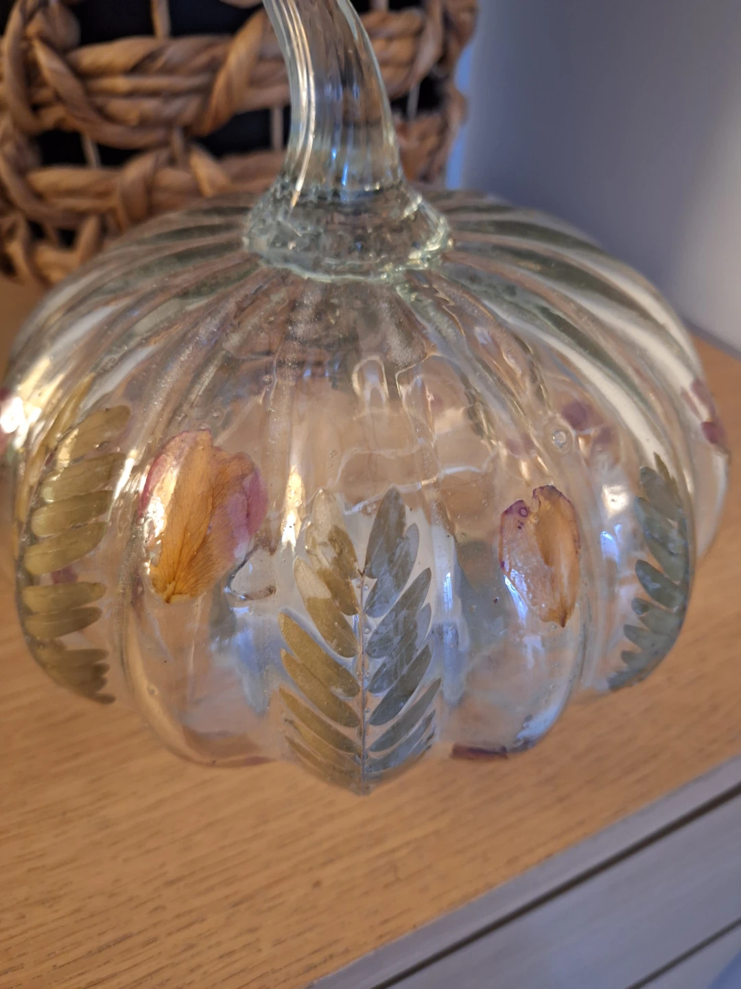 Glass Pumpkin Decoration with Embedded Leaves and Light