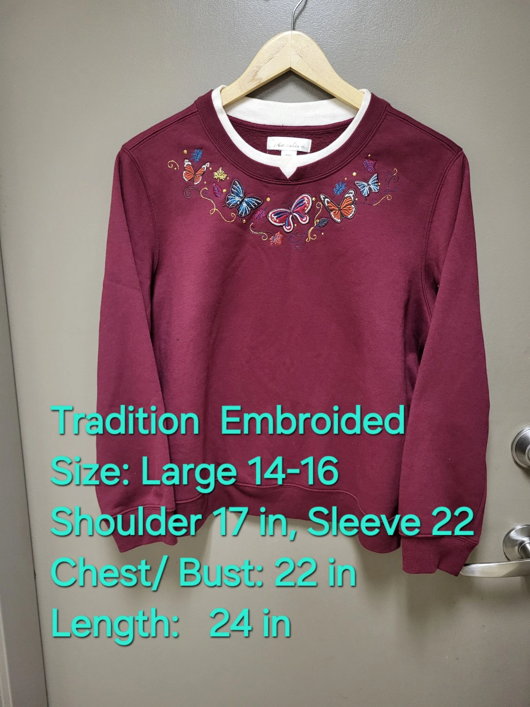 Tradition Embroidered Butterfly Sweatshirt, Petite, Large, New