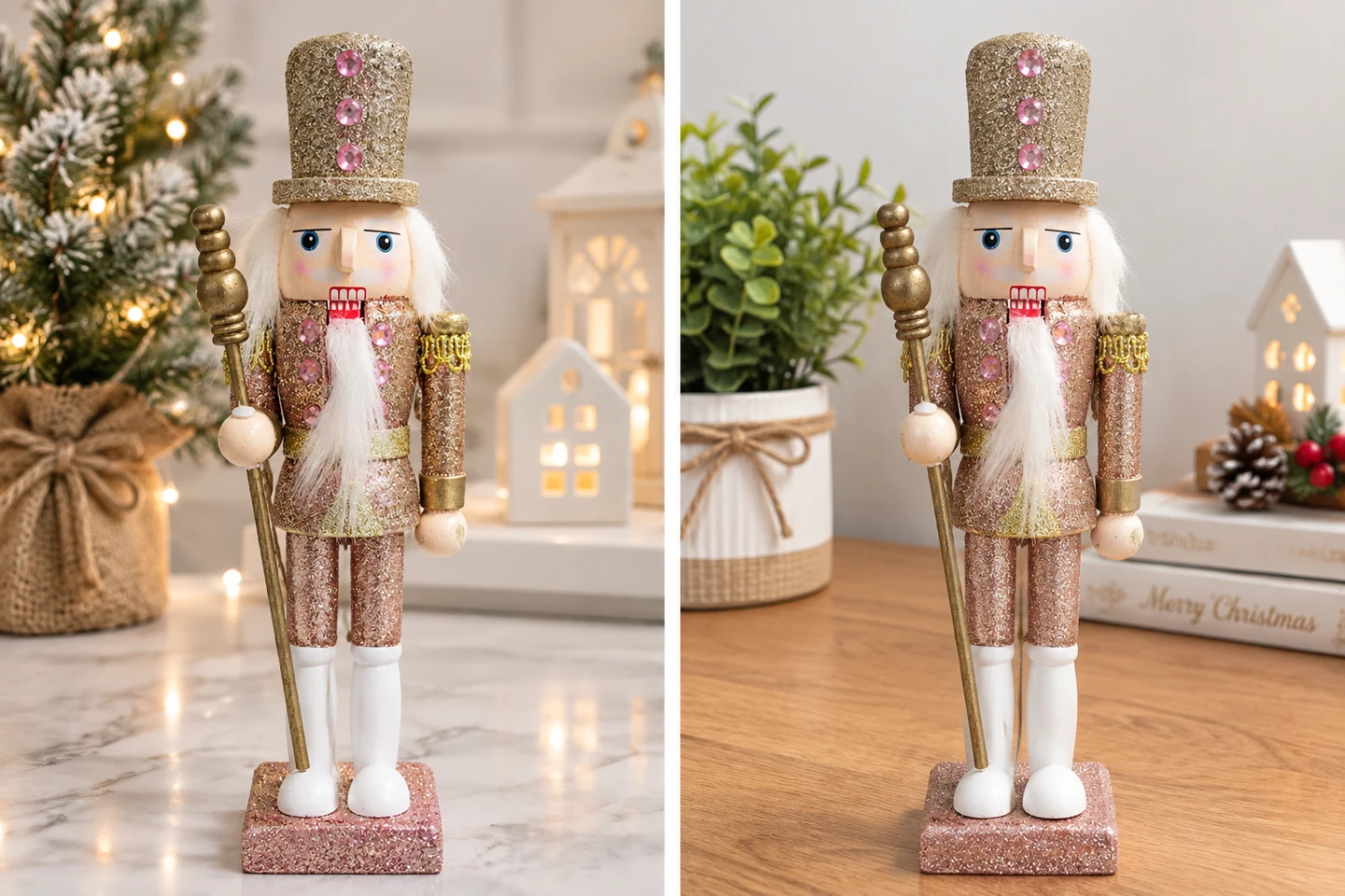 Rose Gold Glitter Christmas Nutcracker Figurine