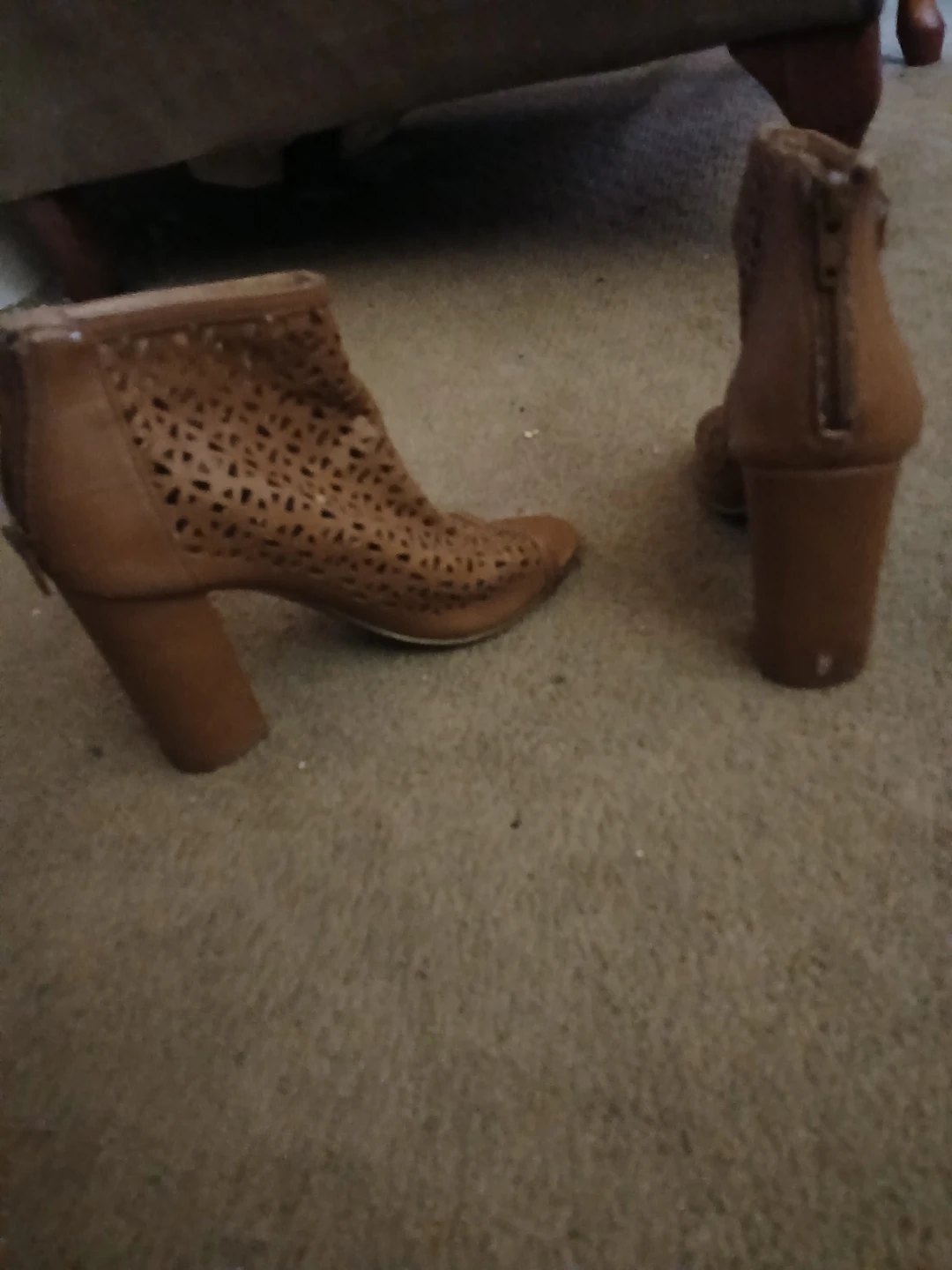 Tan Laser-Cut Block Heel Ankle Booties