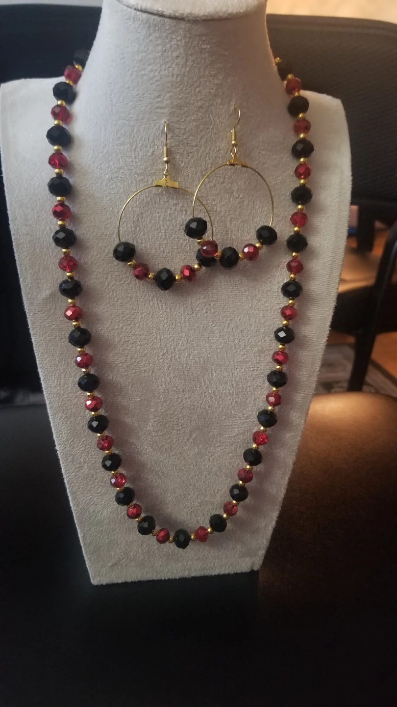 Red and black beaded necklace and hoop earring set