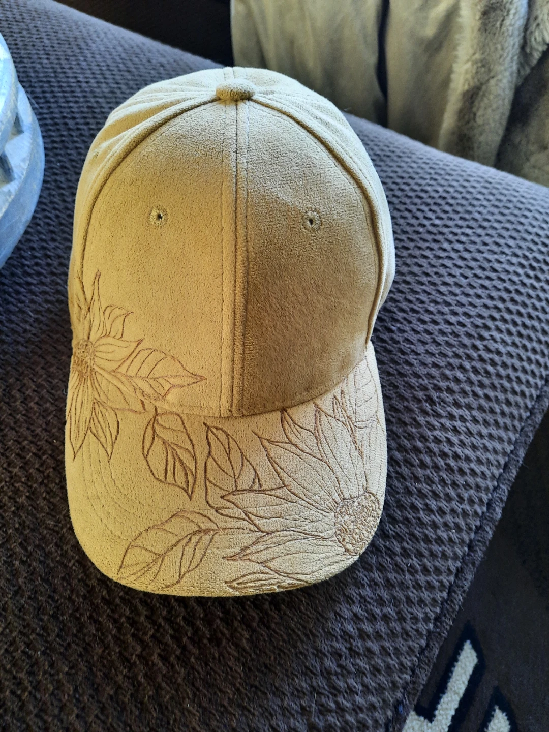 Tan Faux Suede Floral Baseball Cap
