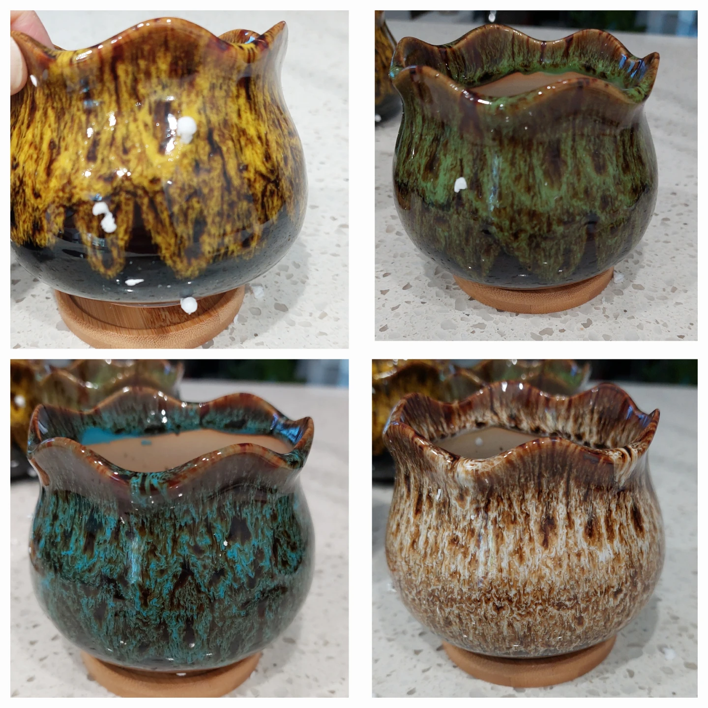 Set of Ceramic Succulent Planters with Bamboo Trays