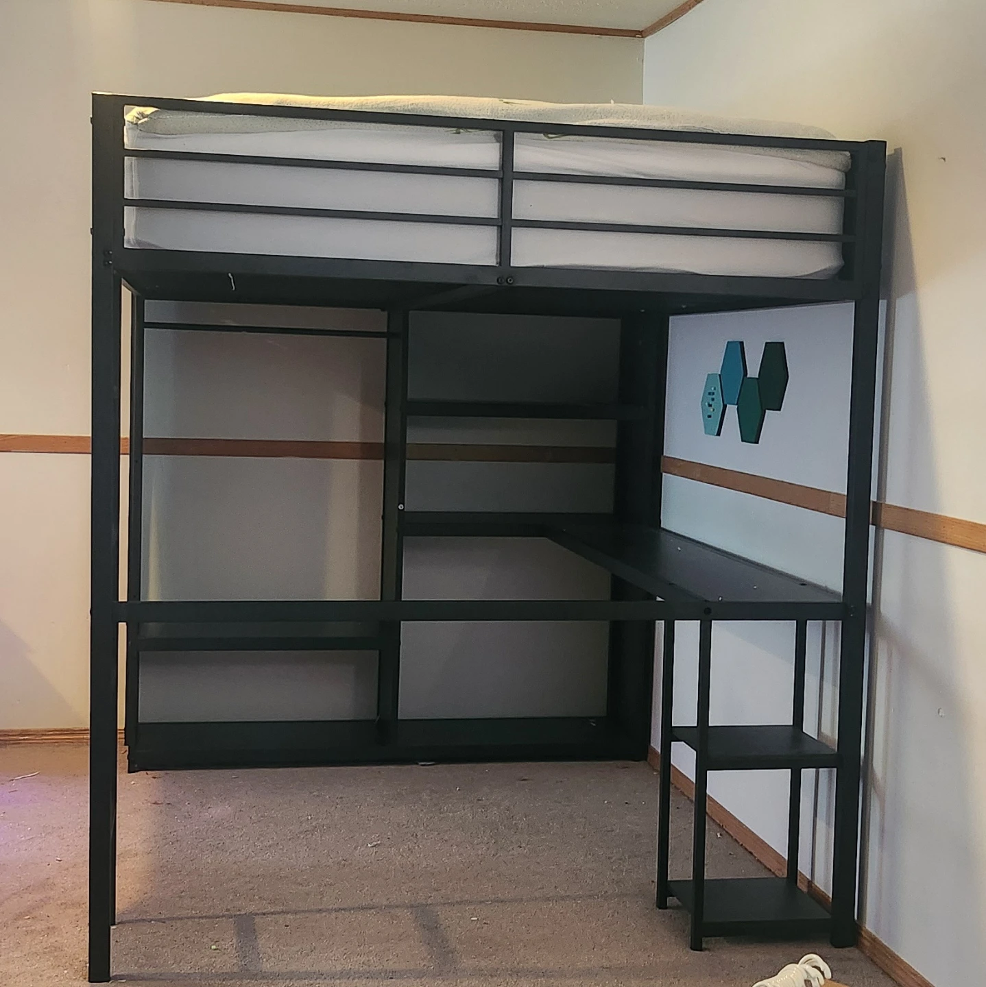 Black Metal Loft Bed with Built-in Desk and Shelving - photo 2