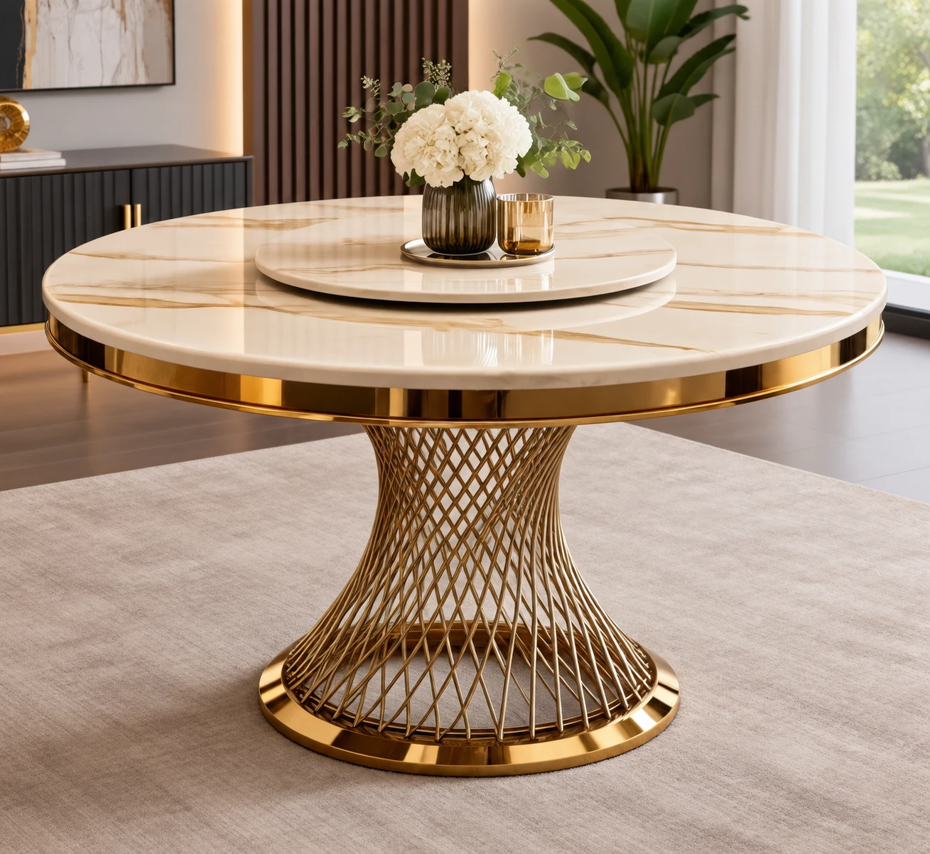 Round Marble Dining Table with Gold Base