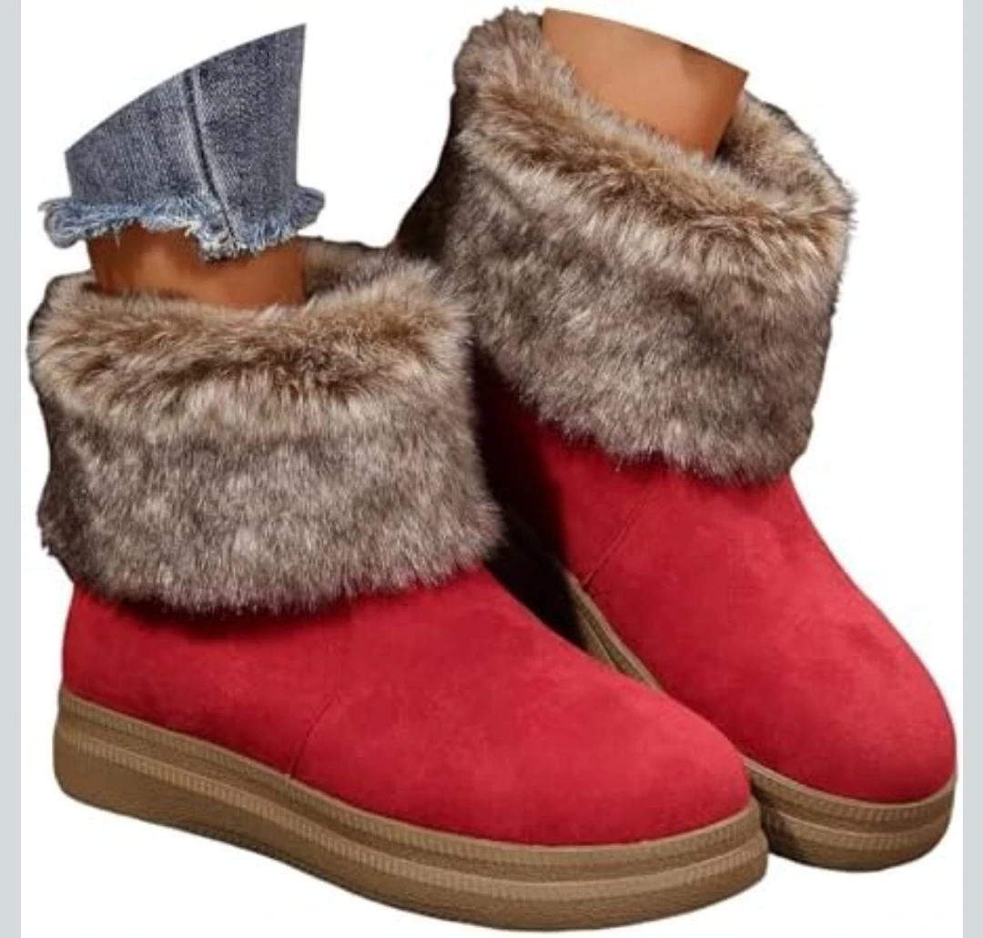 Size 37 Women Winter Snow Boots Faux Fur Lined Red