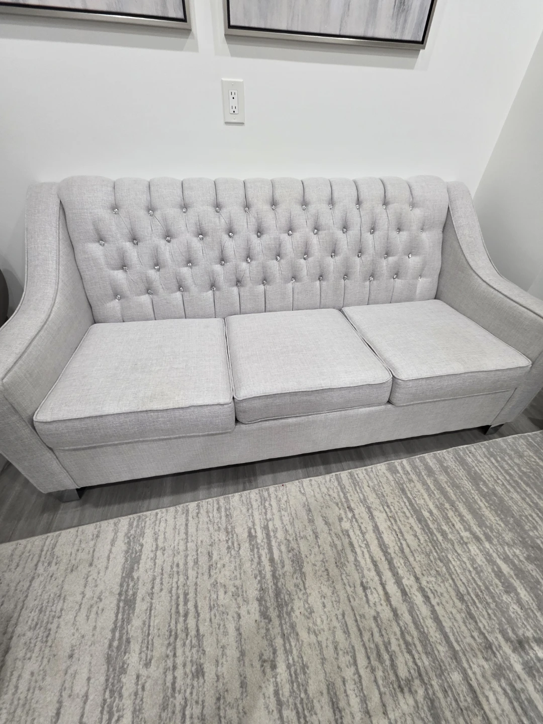 Light Grey Tufted Sofa with Crystal Accents - photo 2
