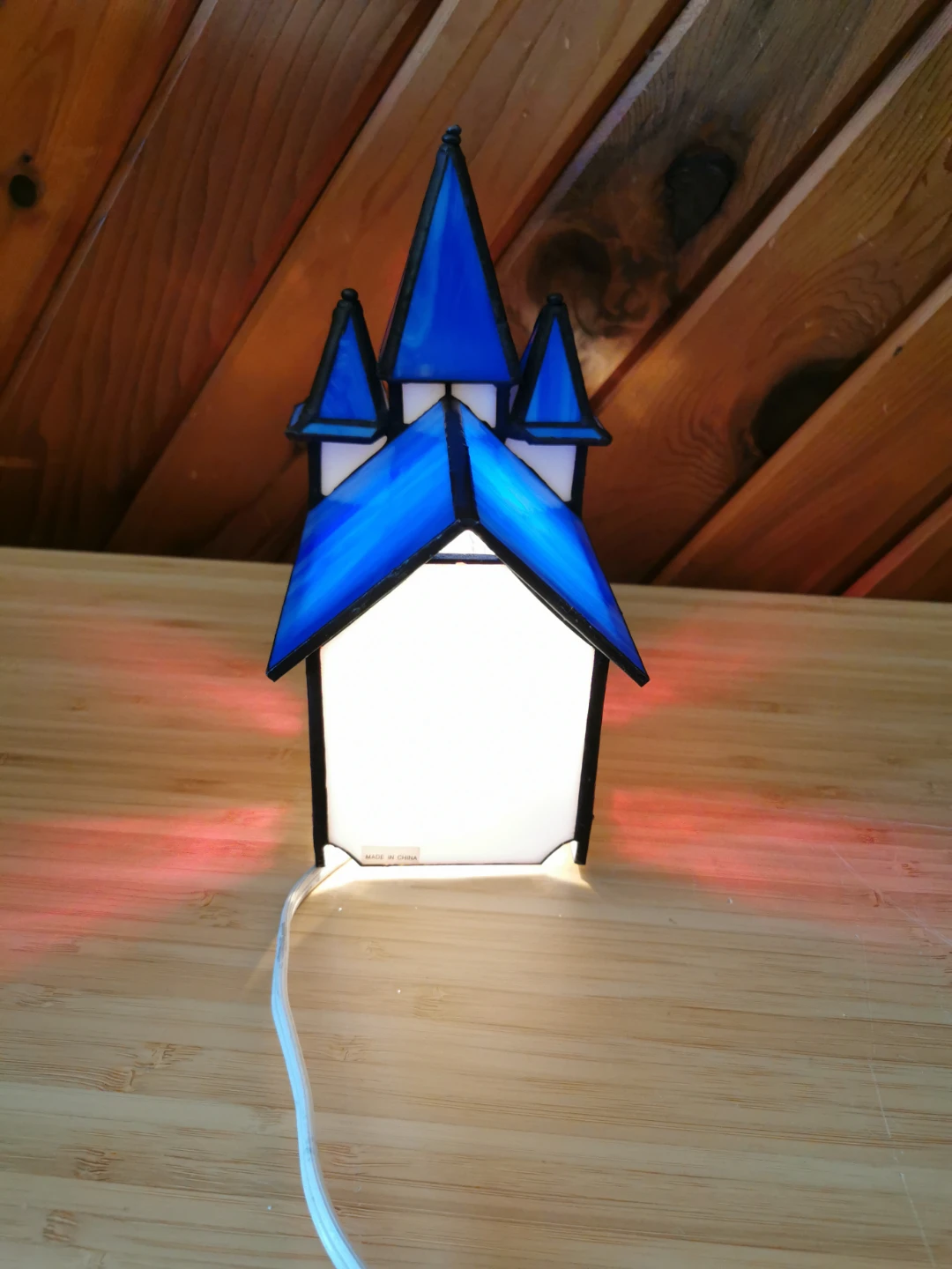 Vintage Stained Glass Chapel Church Light Lamp Blue Double Tower - photo 5