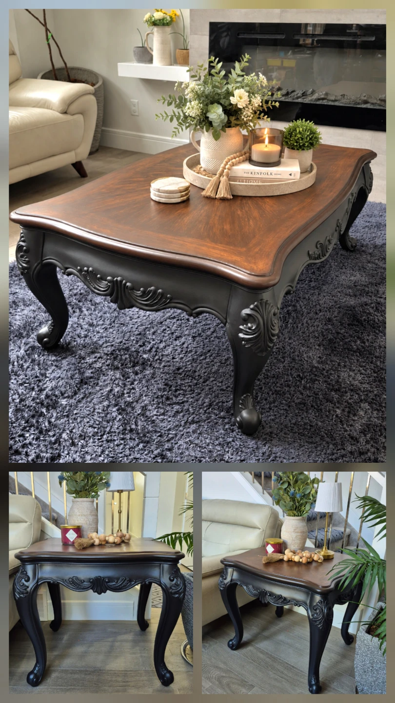 Wood Coffee Table & End Table Set – Dark Walnut & Matte Black - photo 2