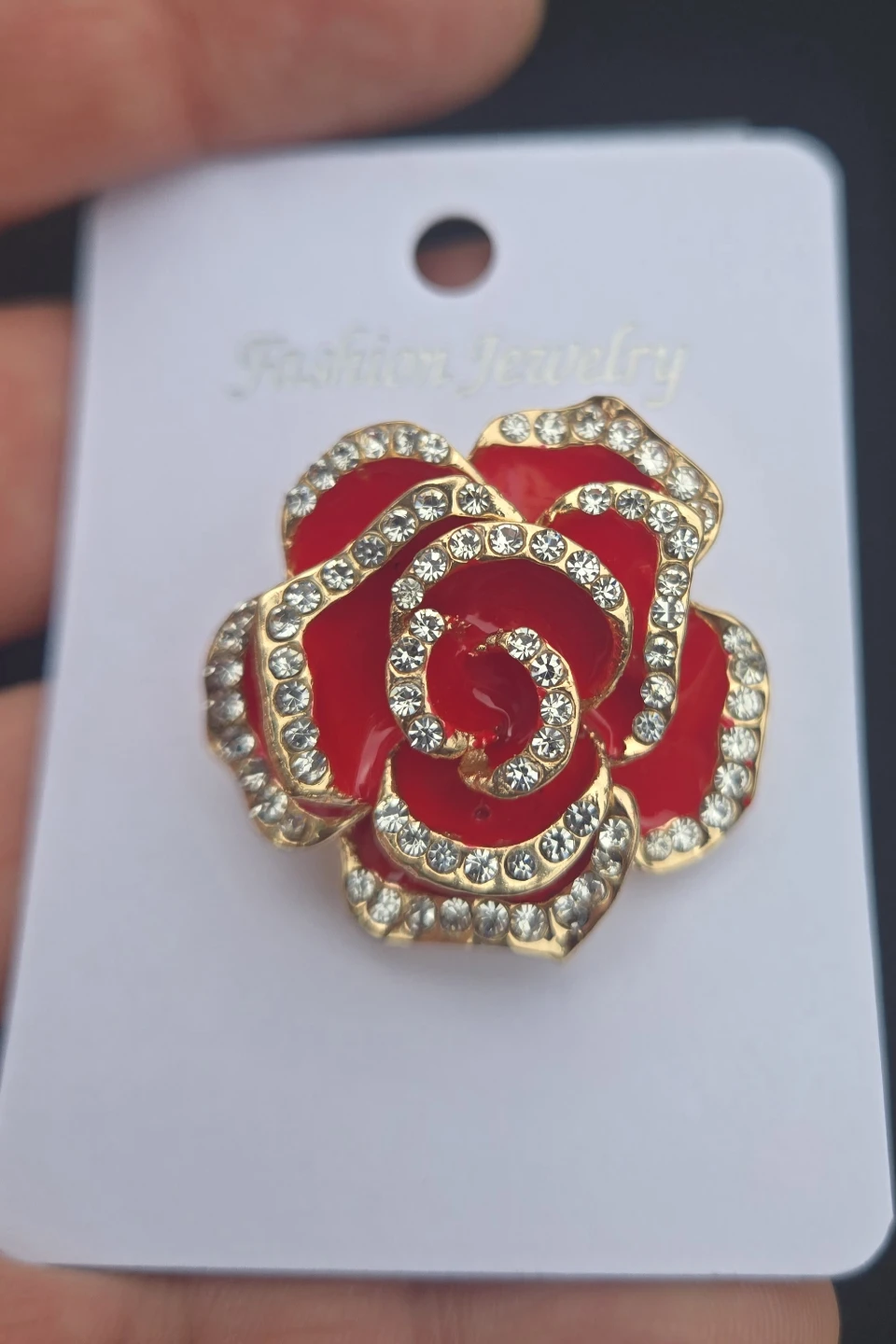 Red Rose Flower Brooch Enamel Pin with Rhinestones