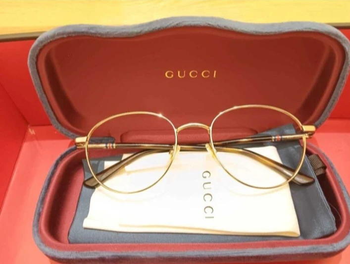 GUCCI Gold Round Eyeglasses Frames with Brown Temples