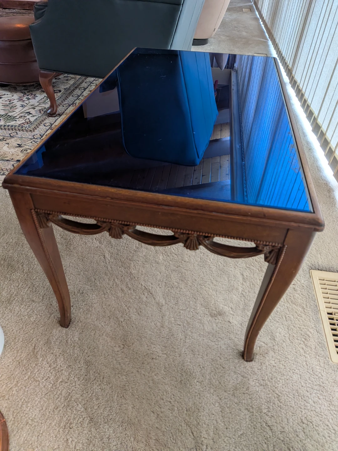 Vintage Wooden Coffee Table with Blue Glass Top