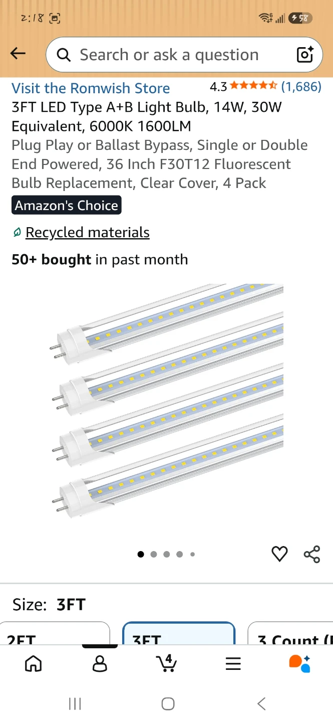 3FT T8 LED Light Bulbs 4-Pack