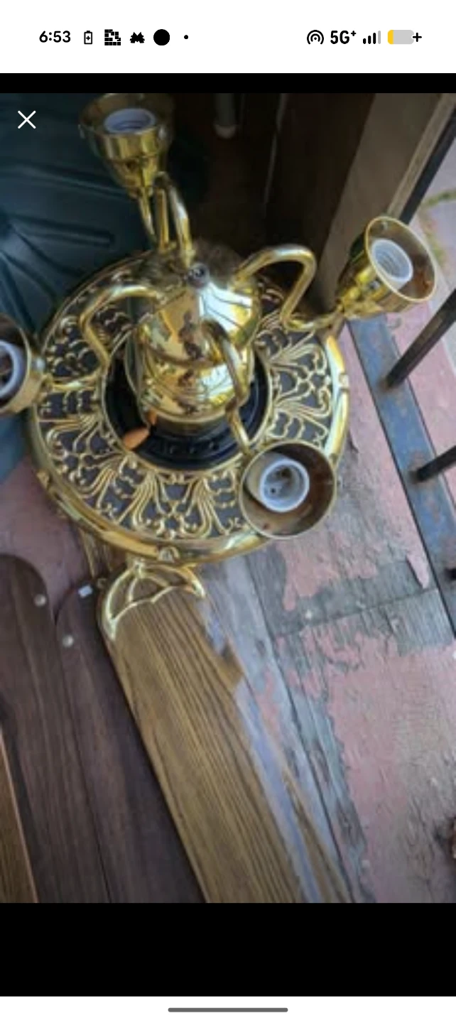 Vintage Brass Ceiling Fan with Wood Blades - photo 2